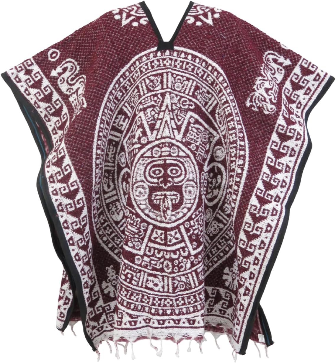 Mexican Aztec Calendar Poncho – Reversible Cobija Blanket Style, 90” x 40”, Unisex, Made in Mexico