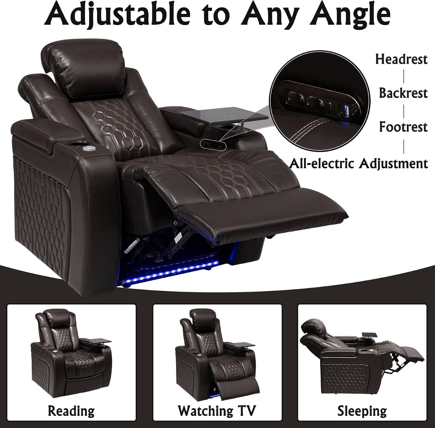 Home Theater Seating,Top-Grain Leather Recliner Sofa, Zero Gravity Power Reclining Couch with Ambient LED Lights, Cup Holders & USB, Tray Table-Single Coffee