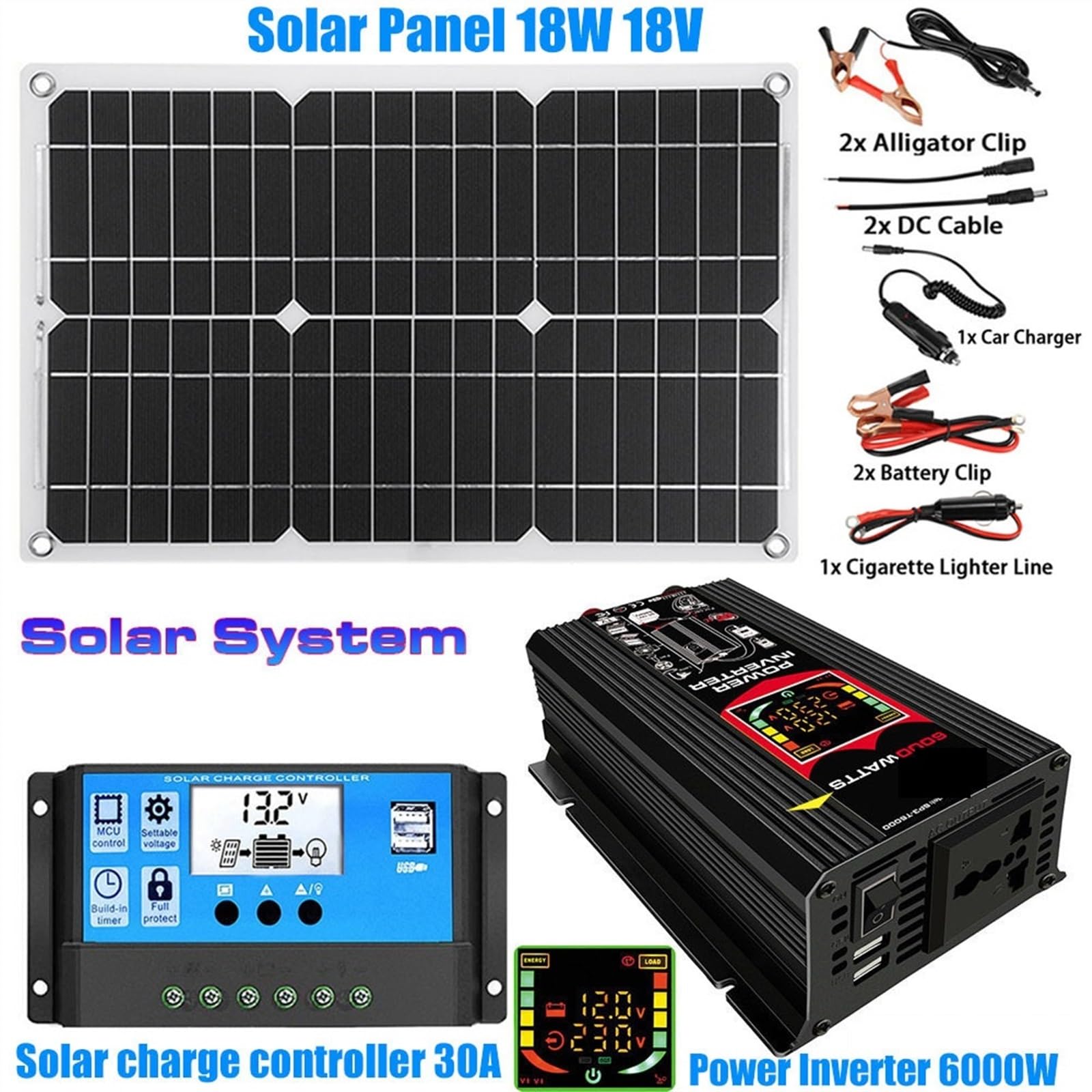 Falownik, 110-220 falownik solarny 4000W/6000W Panel słoneczny 18W kontroler wyświetlacz LED inwerter bateria inteligentna płytka ładująca