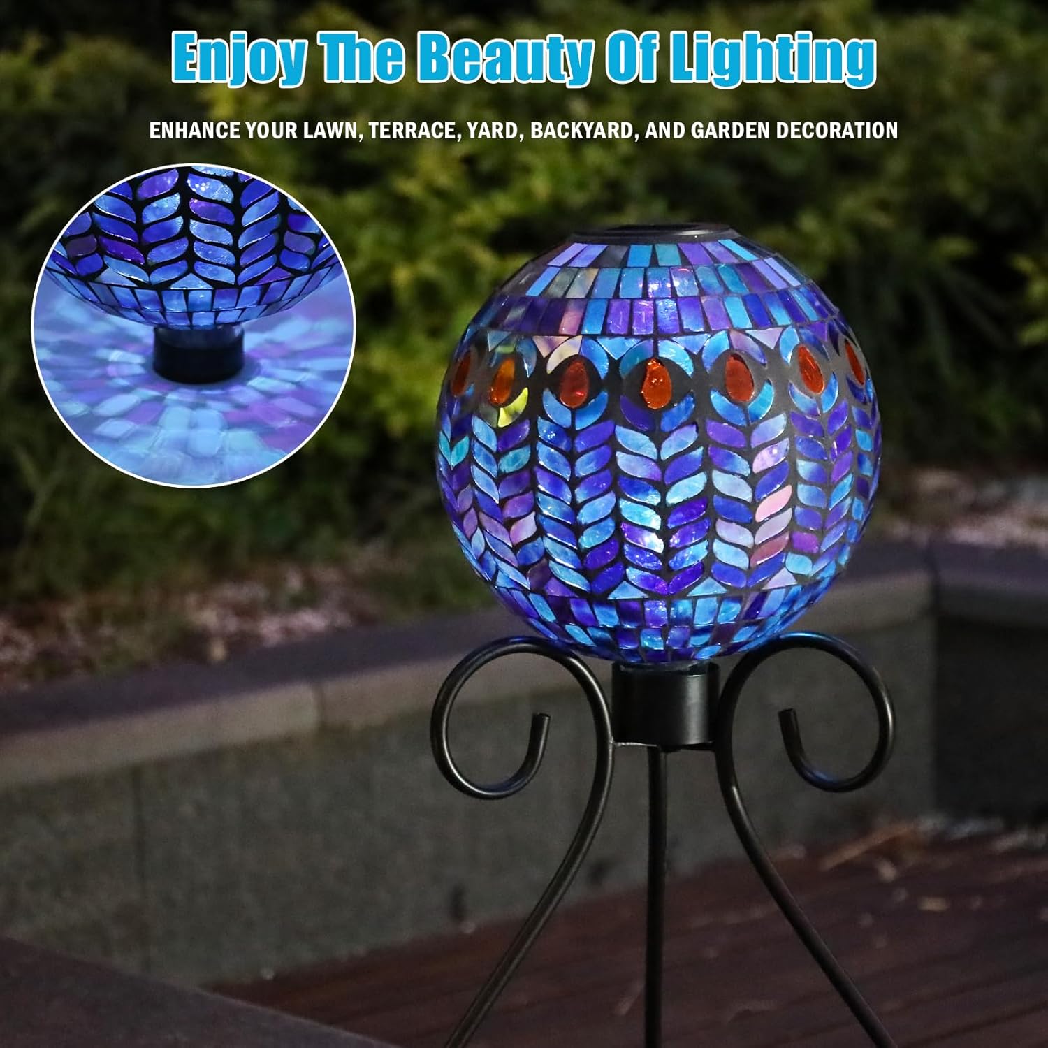VCUTEKA Solar Gazing Ball, Mosaic Glass Gazing Balls Sphere with Solar Light for Garden Lawn Outdoor Ornament Yard Decorative, 10"