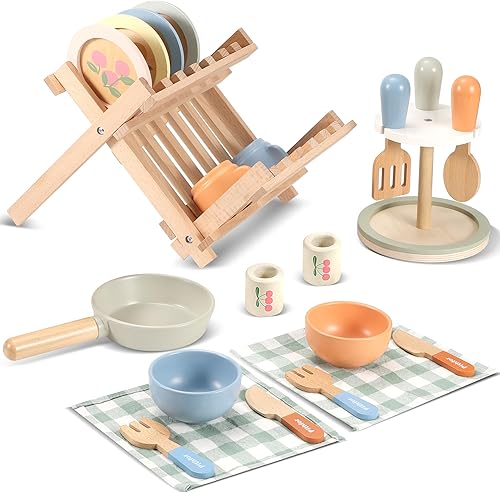 Miniatura 7 de Juego de utensilios de cocina de madera, juego de accesorios de cocina para niños pequeños, incluyendo platos de juego, sartén, vajilla, utensilios