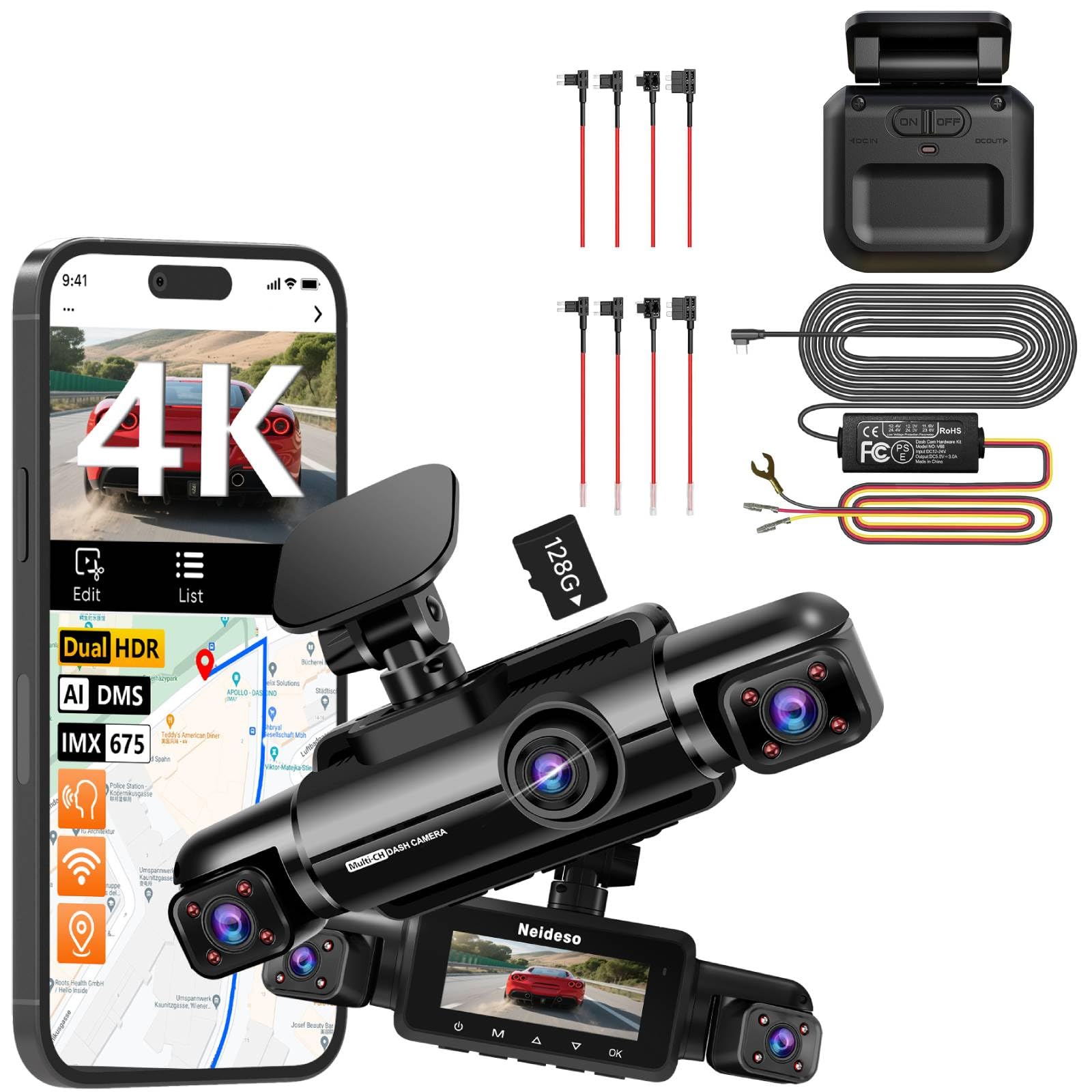 Neideso N900-4CH Dash Cam overview showing front, left/right, and rear cameras