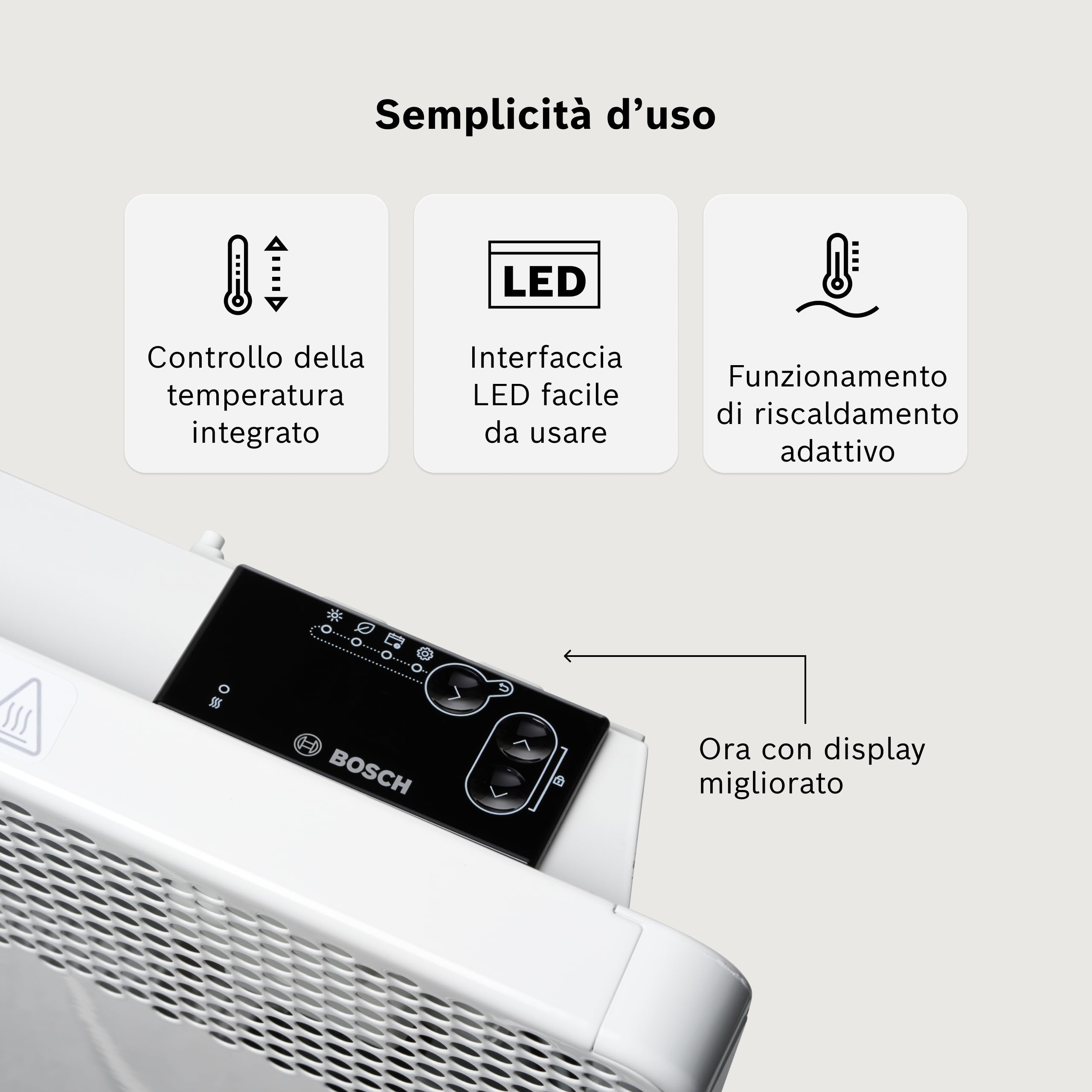 Bosch Heat Convector 4000-5 Convettore elettrico, 500 W | Per Ambienti fino a 5 m², Riscaldamento Elettrico con Display LED, Programma Settimanale, Protezione Spruzzi d'Acqua