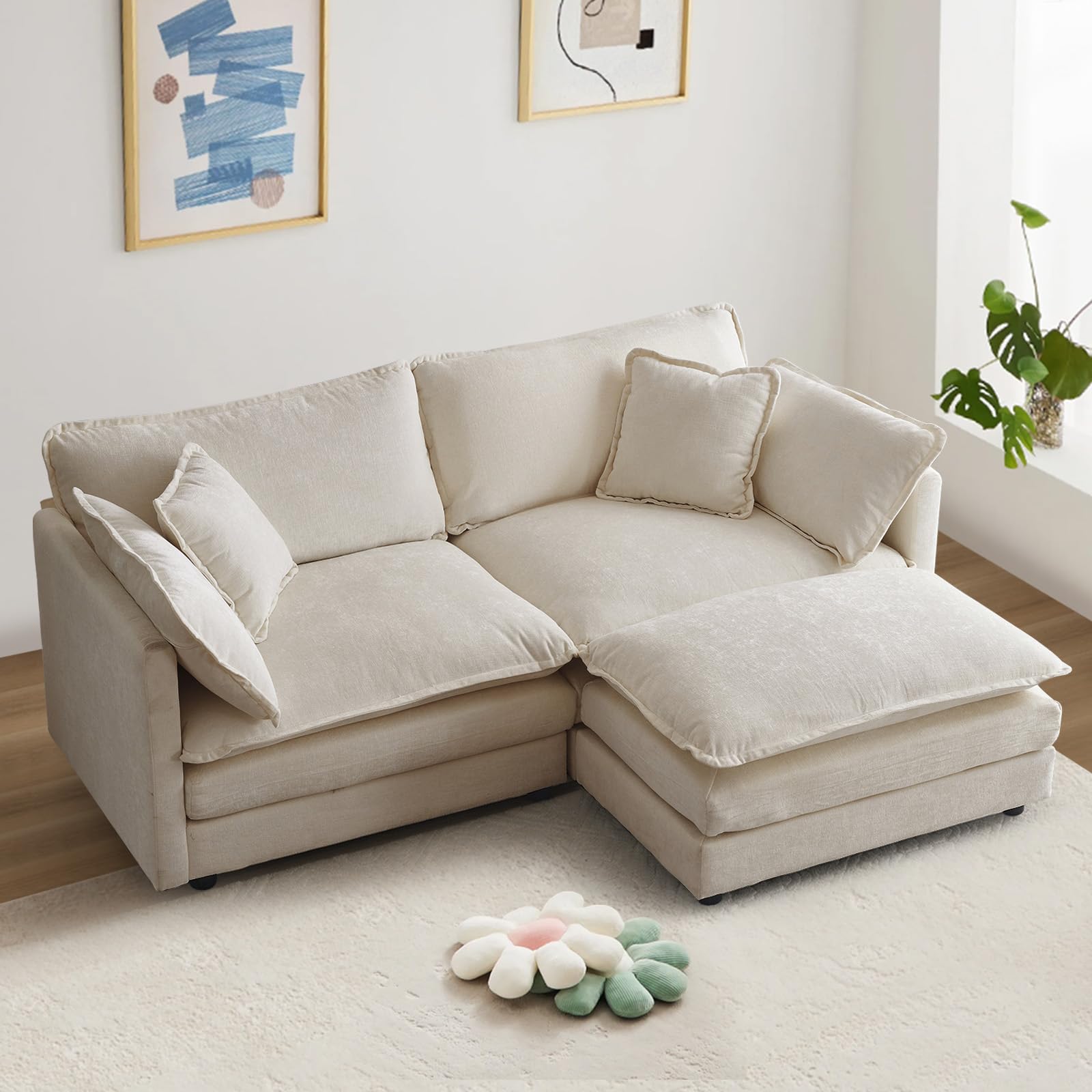 SoarTalent 76.7” Modular Sectional Sofa L-Shaped Convertible Couches, 2 Seater Chenille Deep Seat Cloud Couch with Pillows and 1 Ottoman for Living