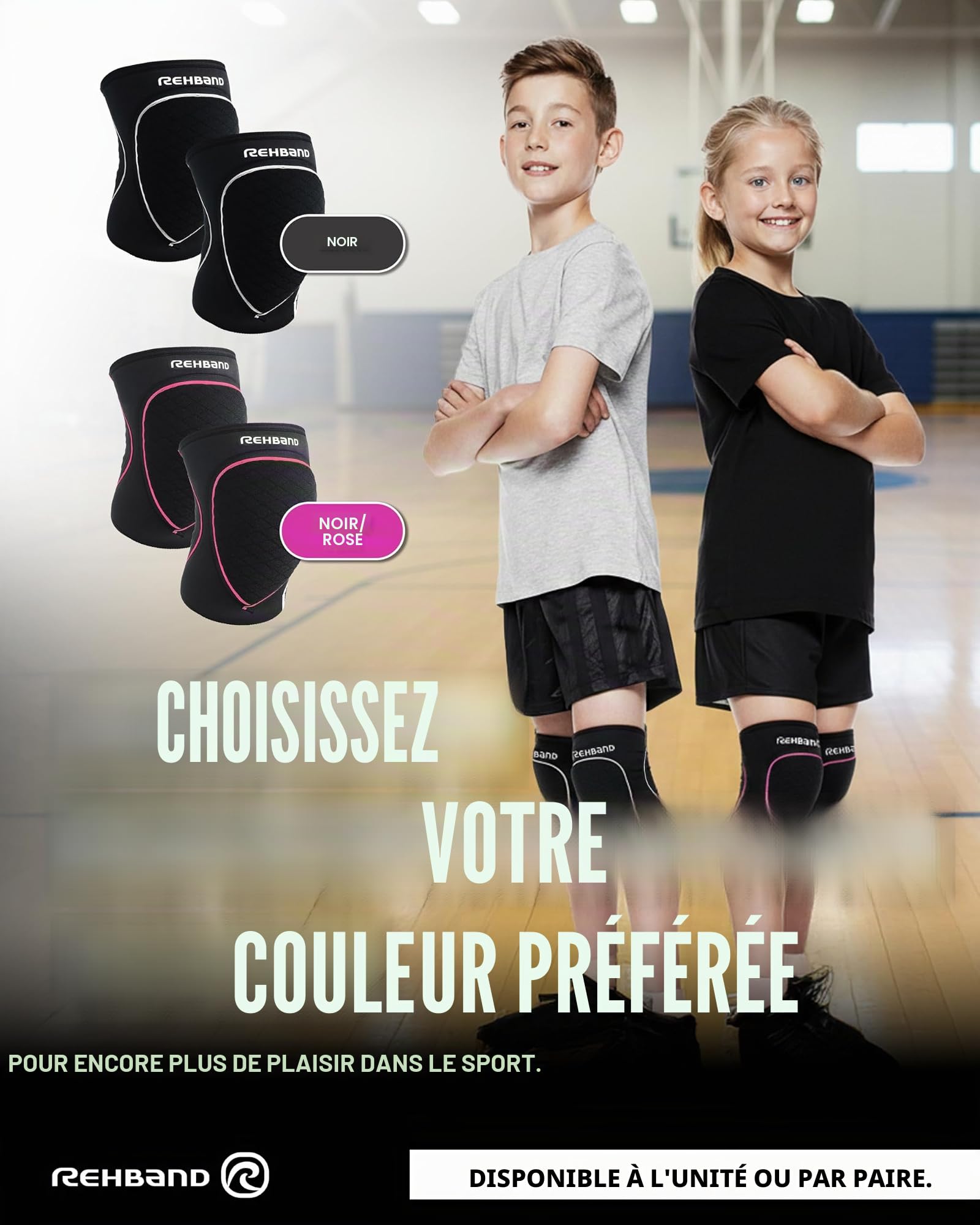 Rehband Genouillères pour enfants, 1 paire, genouillères pour volley-ball et handball - Confortable et haute protection, couleur : noir, taille L, côté : paire