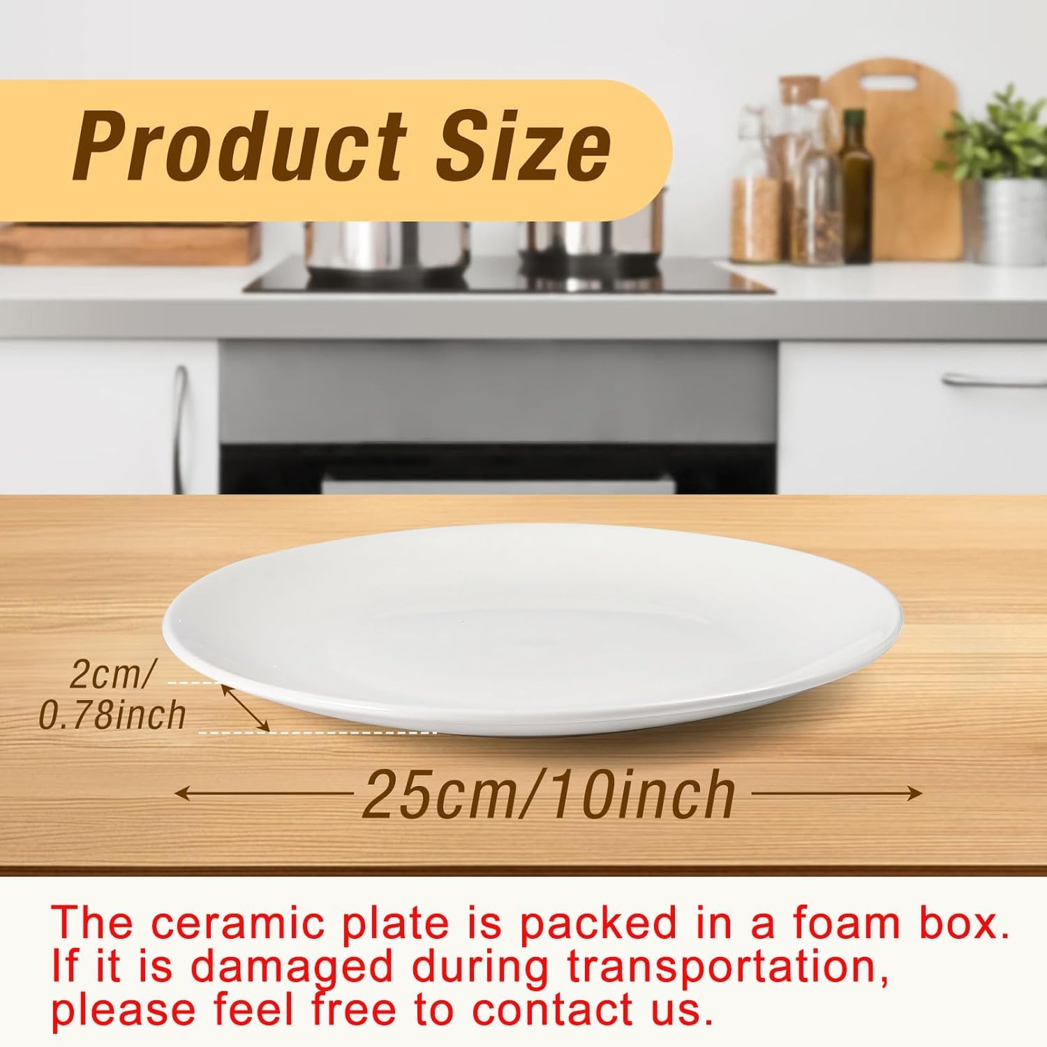 Set di 6 piatti piani in porcellana bianca, piatti da insalata rotondi, 25 cm, piatti piani in ceramica bianca, adatti al microonde e alla lavastoviglie, antigraffio
