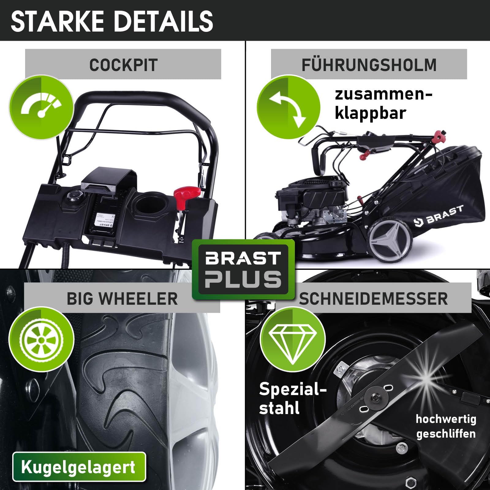 BRAST Benzin Rasenmäher mit Antrieb | 3,0kW (4,1PS) | Elektrostart | 41cm Schnittbreite | TÜV | 4 Takt OHV Motor | 25-75mm Schnitthöhe | 40L Fangkorb | Stahlgehäuse | 16145 Estart