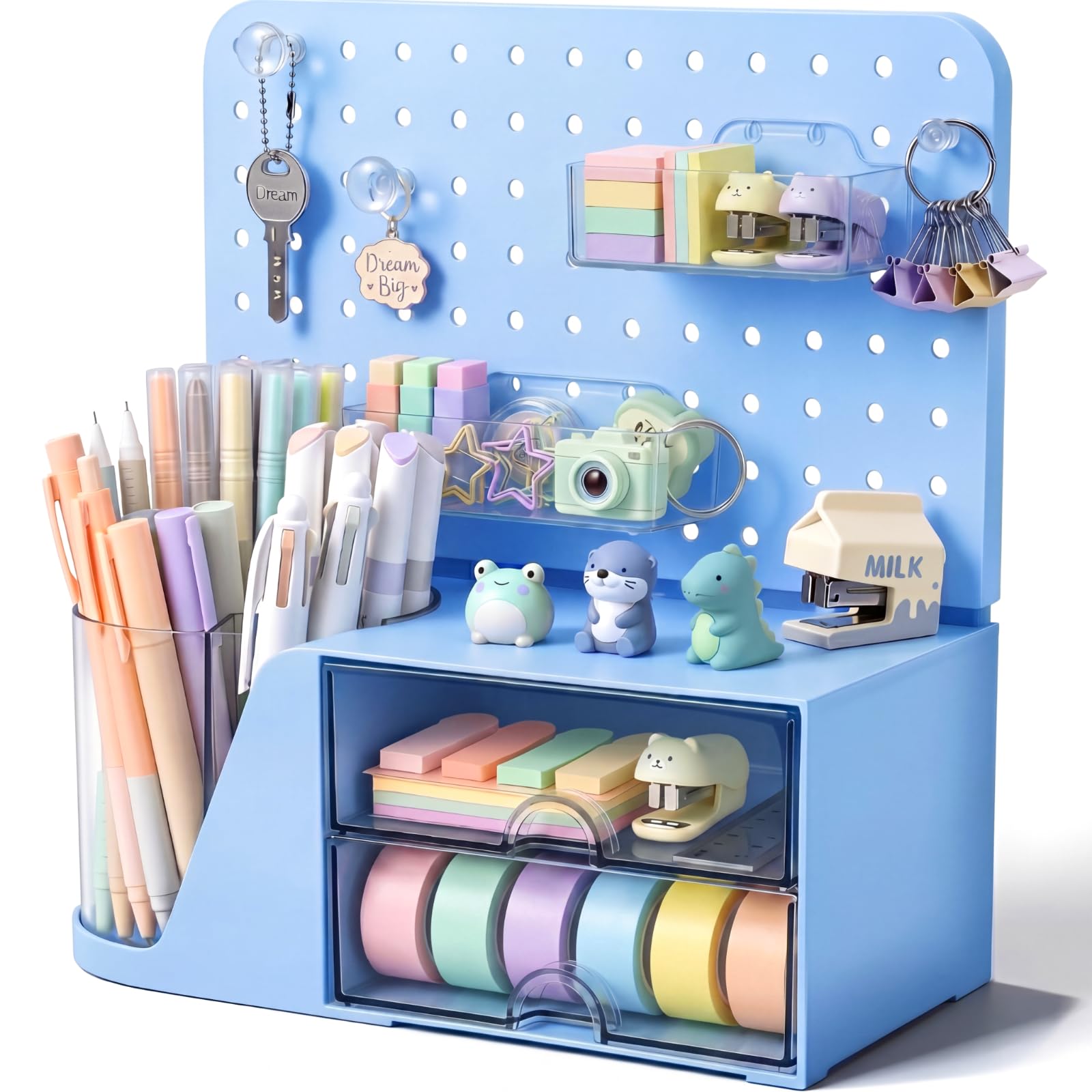 Novabright Schreibtisch-Organizer mit Schubladen, drehbarer Stifthalter mit 5 Steckplätzen und Stecktafel, Geschenk für Schulanfang und Schulanfang, multifunktionale Schreibtischaufbewahrung für