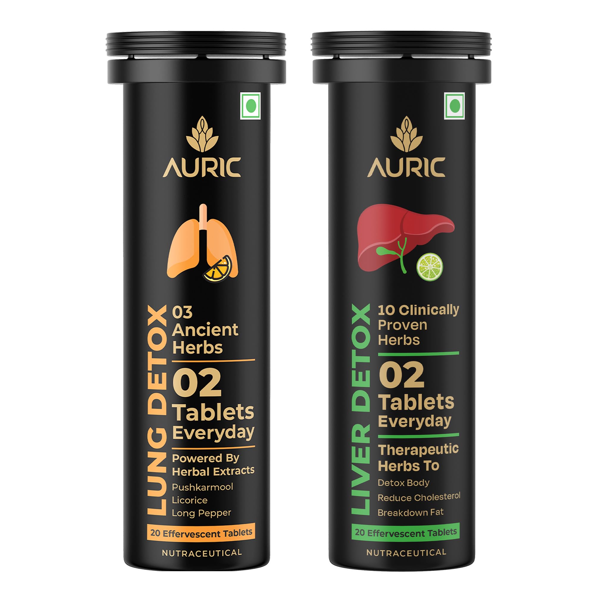 Auric Liver & Lung Detox Combo Effervescent Tablets | 20 Tablets Each | Ayurvedic Herbal Blend with NAC, Licorice, Pushkarmool & 10 Herbs | Fizzy Wellness Drink-picture-21