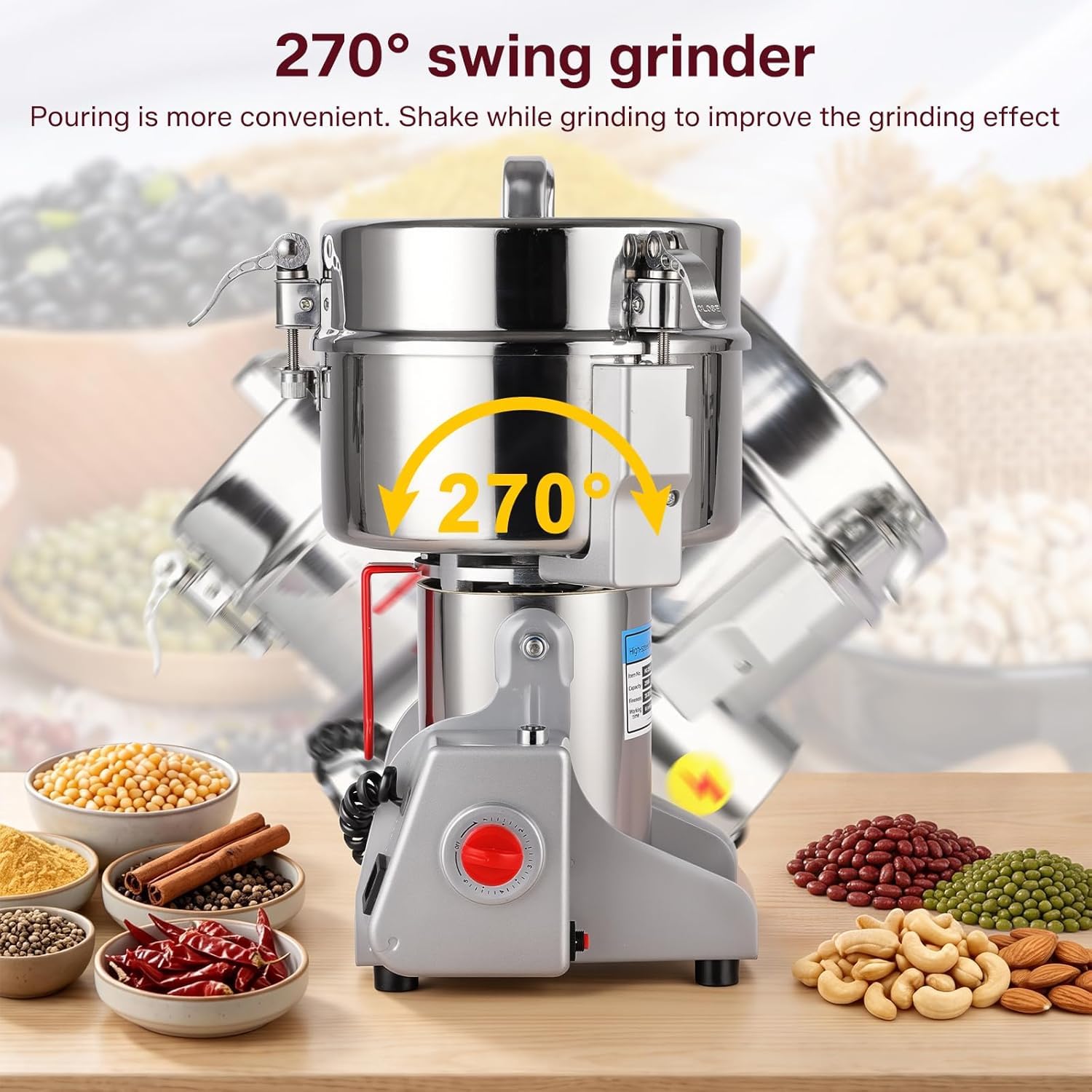 Molino De Granos con Capacidad para 2000 G, Alta Velocidad De 32000 RPM, Giro De 270°, Parada Automática Al Abrir La Tapa, Doble Sistema De Seguridad para Granos Secos, Harina, Maíz, Trigo Y