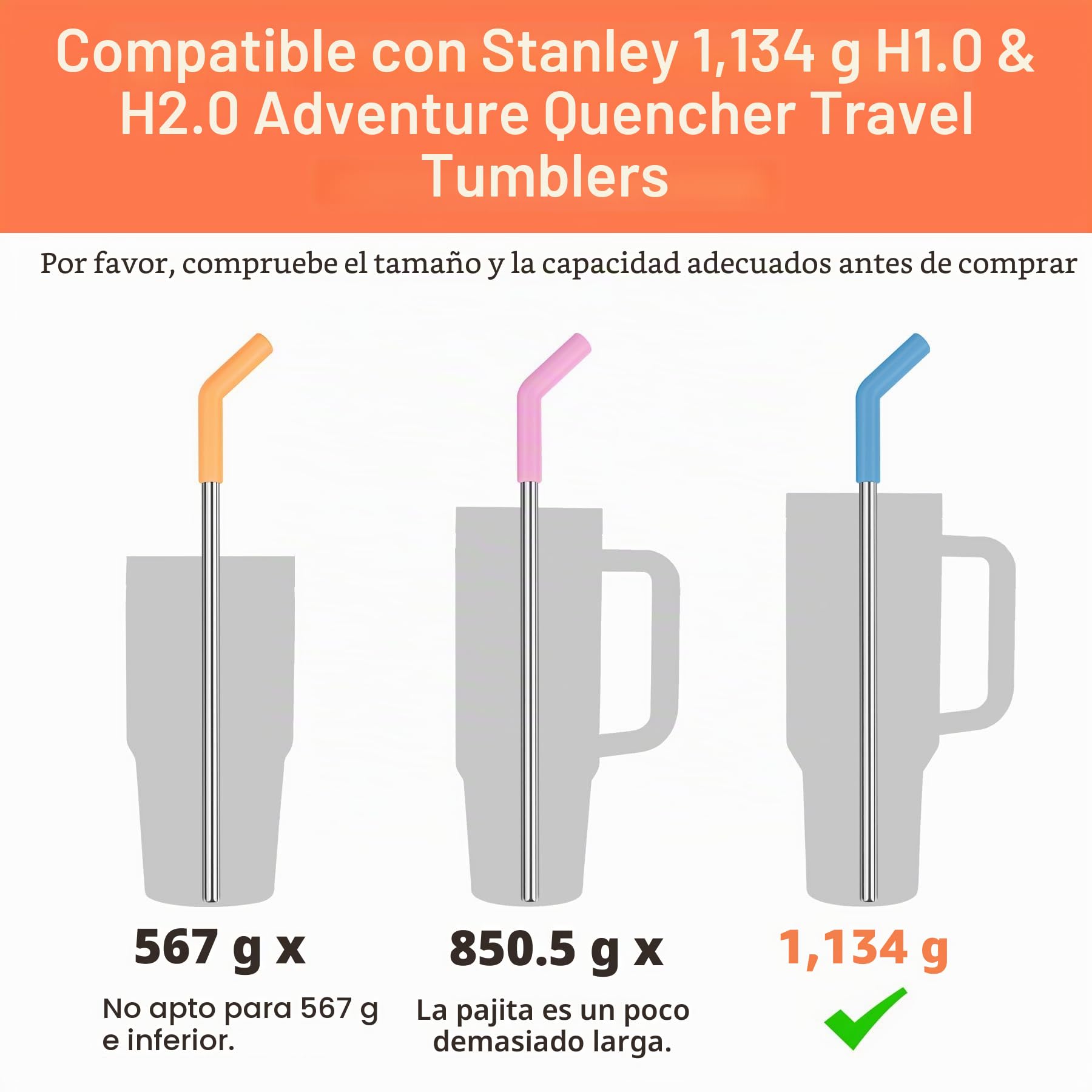 Tomorotec 6 pajitas de acero inoxidable con punta de silicona aptas para vasos Stanley de 40 onzas con 2 cepillos de limpieza, 13 pulgadas de largo, sin BPA, saludables y seguras para exteriores y