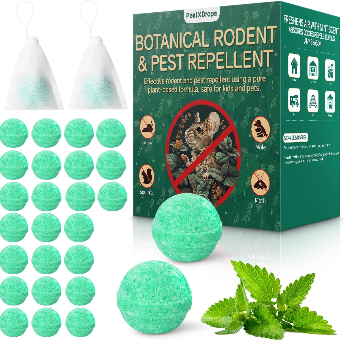 Rodent Mouse Repellent 28 pcs, Peppermint Oil Moth Balls for Mice Rats Deterrent, Natural Pest Control Mothballs for Rodents, Squirrels, Skunk, Mole, Gopher, Pets Safe, Indoor and Outdoor Use