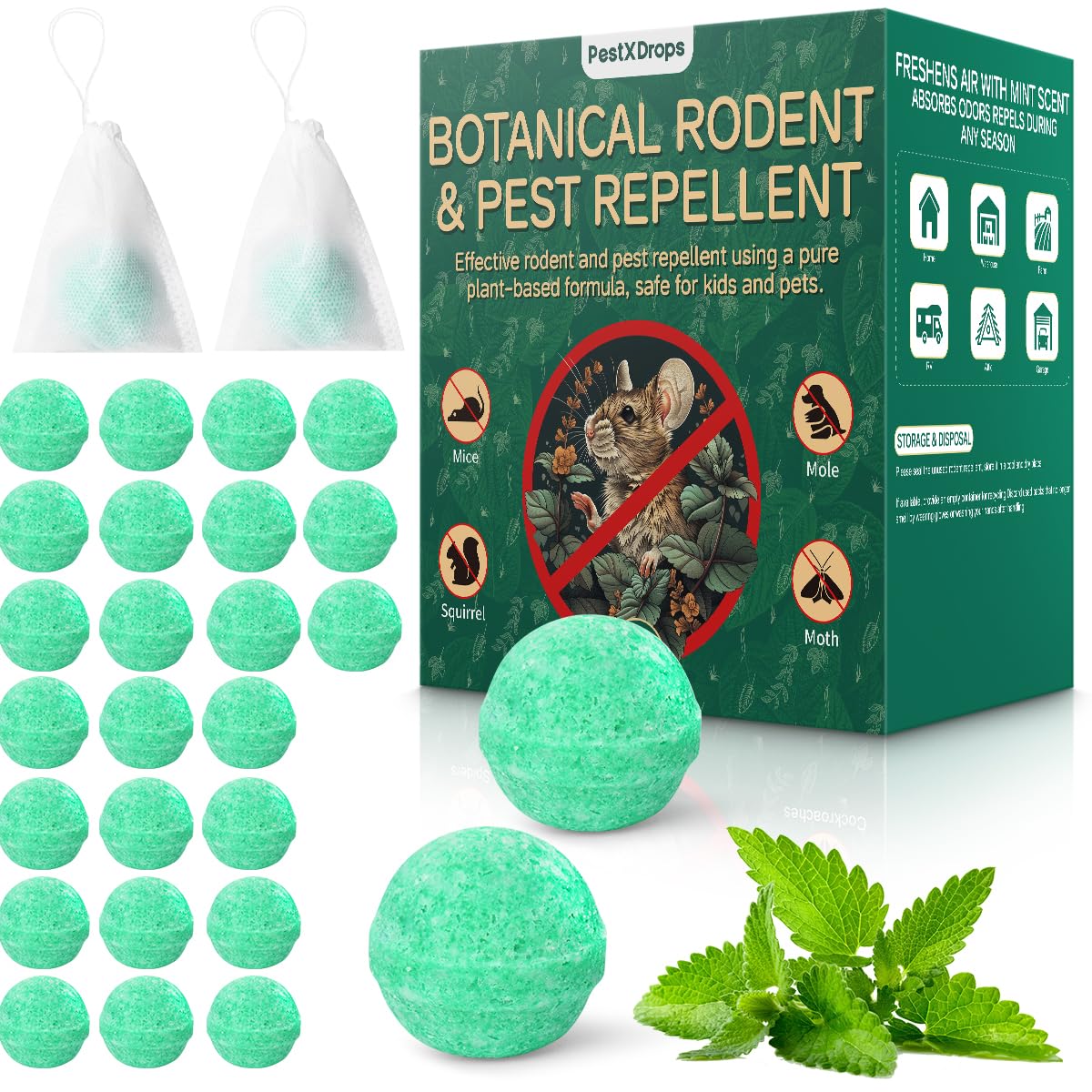 Rodent Mouse Repellent 28 pcs, Peppermint Oil Moth Balls for Mice Rats Deterrent, Natural Pest Control Mothballs for Rodents, Squirrels, Skunk, Mole, Gopher, Pets Safe, Indoor and Outdoor Use 1 Count (Pack of 28)