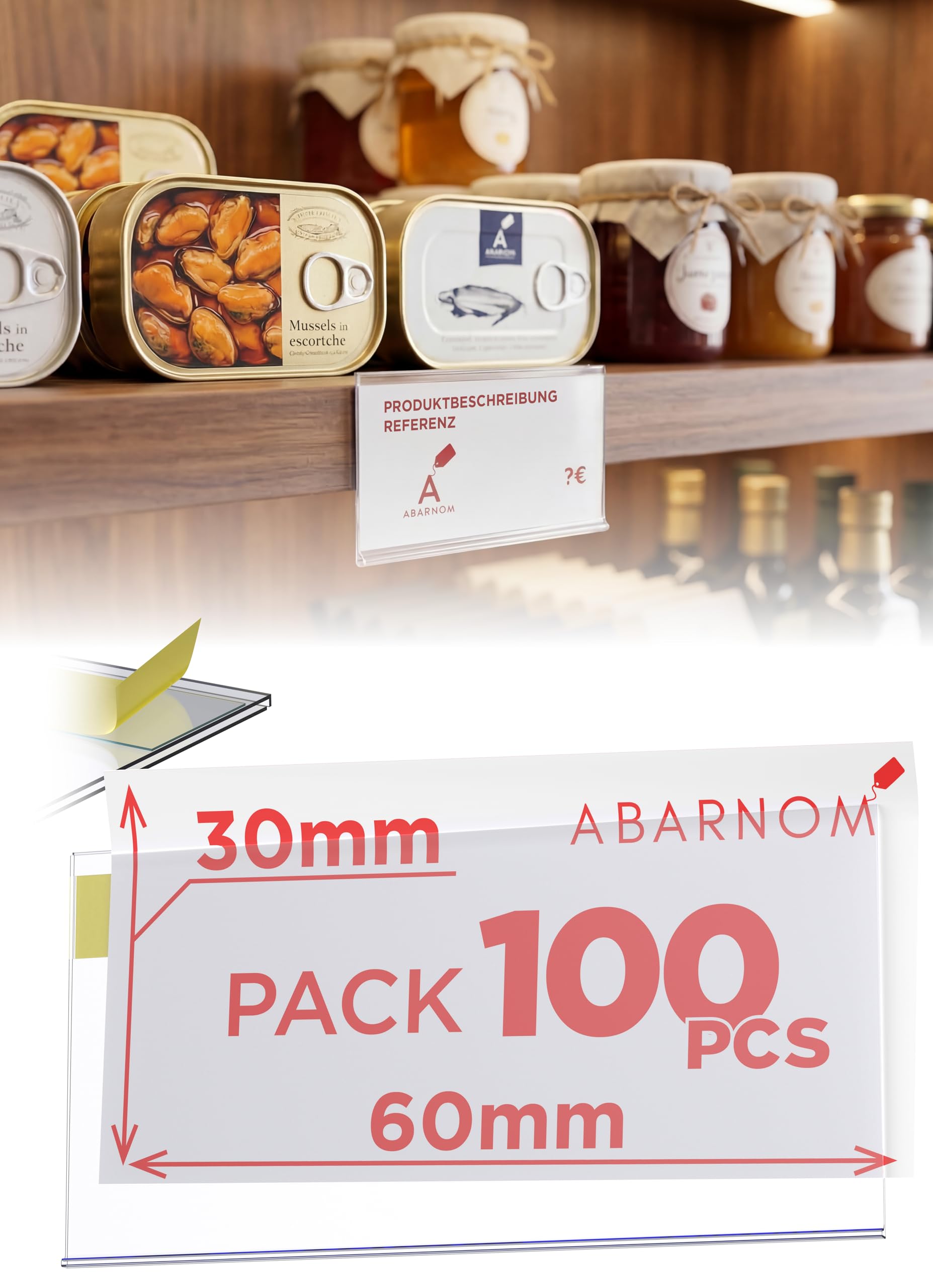 100 Stück selbstklebende transparente Etikettenhalter 30x60 mm – UV-beständiger PVC – Preisschildhalter für Regalbeschriftung, Lager, Einzelhandel & Präsentationsdisplays