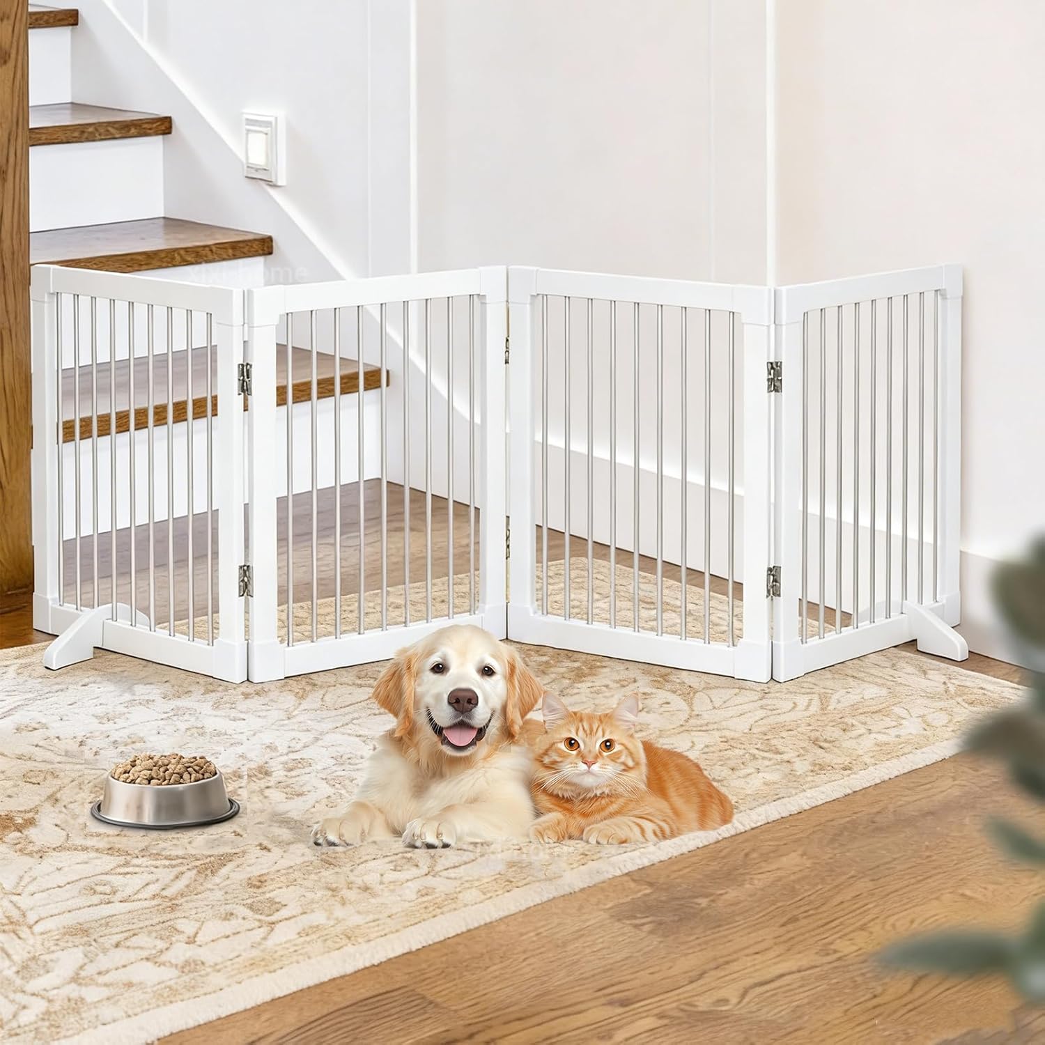 Foldable Wooden Dog Gates 82.6" Wide, 27.5" Tall Freestanding Pet Gate Dog Fence No-Installation Puppy Safety Fence Extra Wide Puppy Barrier for Doorways,Stairs, or Hallways-4 Panel，White