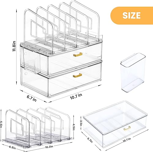 Miniatura 2 de Juego de organizador de escritorio acrílico, paquete de 2 organizadores apilables con 4 clasificadores de archivos verticales y 2 soportes para