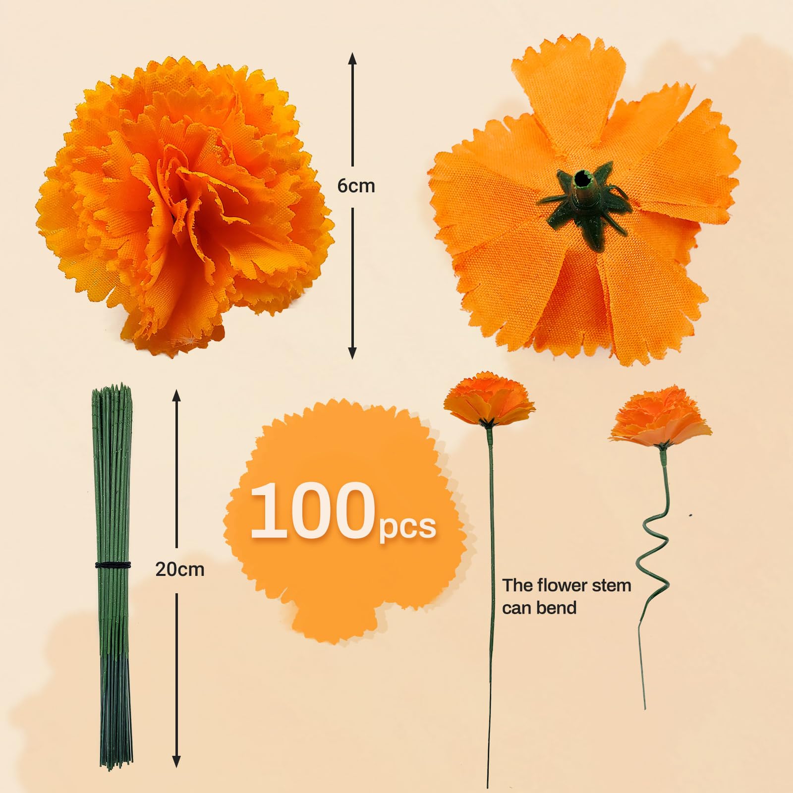 Beau Jour 100 Pcs Marigold Flowers Heads with Floral Stems, Silk Orange Artificial Flowers for Diwali Day of The Dead DIY Marigold Garland Wreath Decor (100)