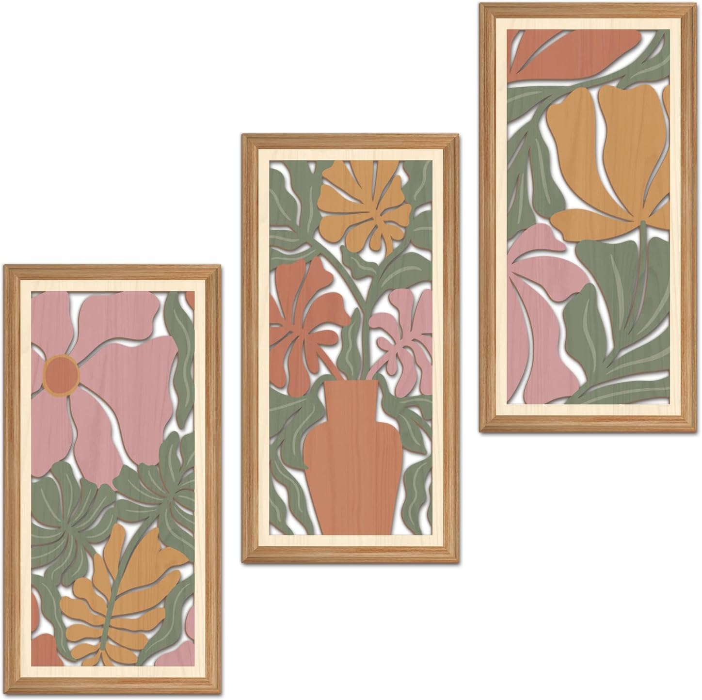 ANHUIB Hollow Boho Flower Wooden Wall Art Set of 3 Flower Market Wall Decor Botanical Floral Wood Wall Hangings Farmhouse Bohemian Wall Art Abstract Minimalist Wall Sign for Living Room Bedroom 8x16 — image 1