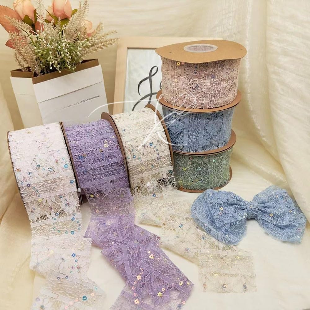 MSTZA 5/10/20 Yards 7 cm dekoratives Spitzenband, Besticktes Bastelband mit Blumenmuster und Wellenkante für Hochzeit, Geschenkverpackung