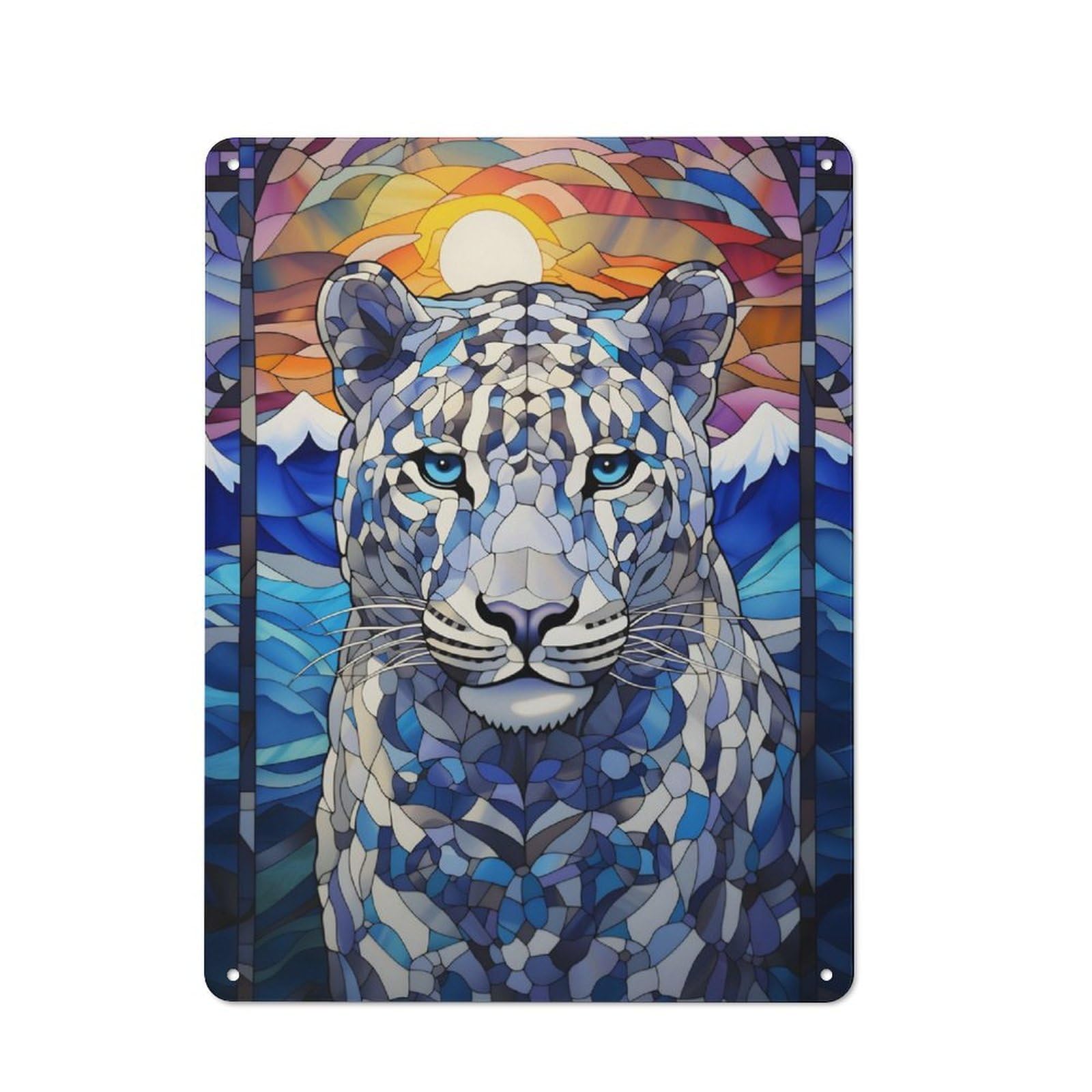 Junmoney Snow Leopard Stained Glass Vintage Metal Sign 40X30cm For Guest Room Or Hallway, Suited To Guest Room Decorators