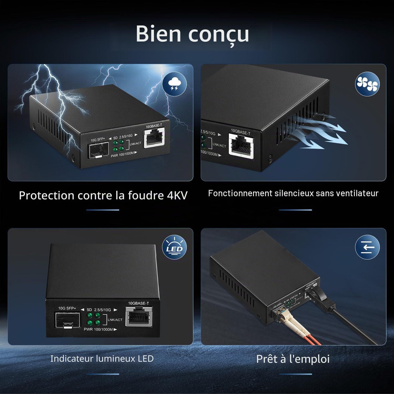 Binardat 10G Fiber Media Coverter, 2 ports 10 Gigabit Ethernet, 1 port RJ45 10G, 1 port SFP 10G, mini boîtier en métal sans ventilateur, plug and play non géré