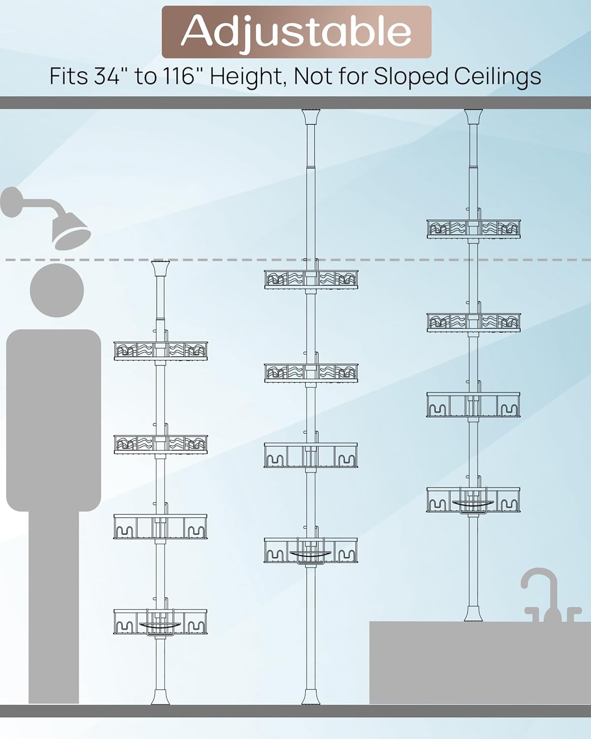 ALLZONE Corner Shower Caddy Tension Pole with 4 Repositionable Hang-On Baskets, Mixed-Height Shelves for Tall Bottles, 8 Dual Hooks & Soap Dish, Rust-Resistant Stainless Steel, Adjustable 34-116 Inch
