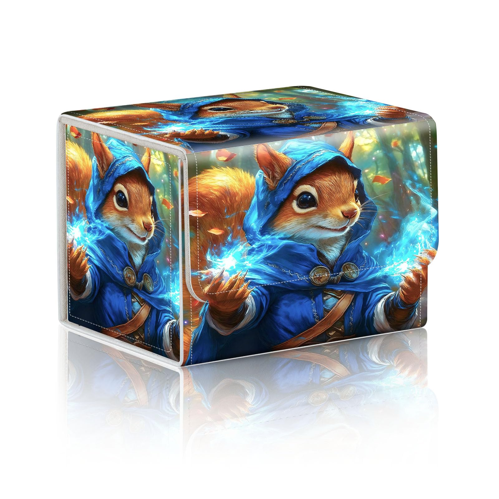 DISUOFEART Trading Card Storage Box, Holds 100+ for MTG Cards, Premium PU Leather with Magnetic Closure, Squirrel Mage With Blue Magic Durable Deck Box for Magic the Gathering, Trading Card Games