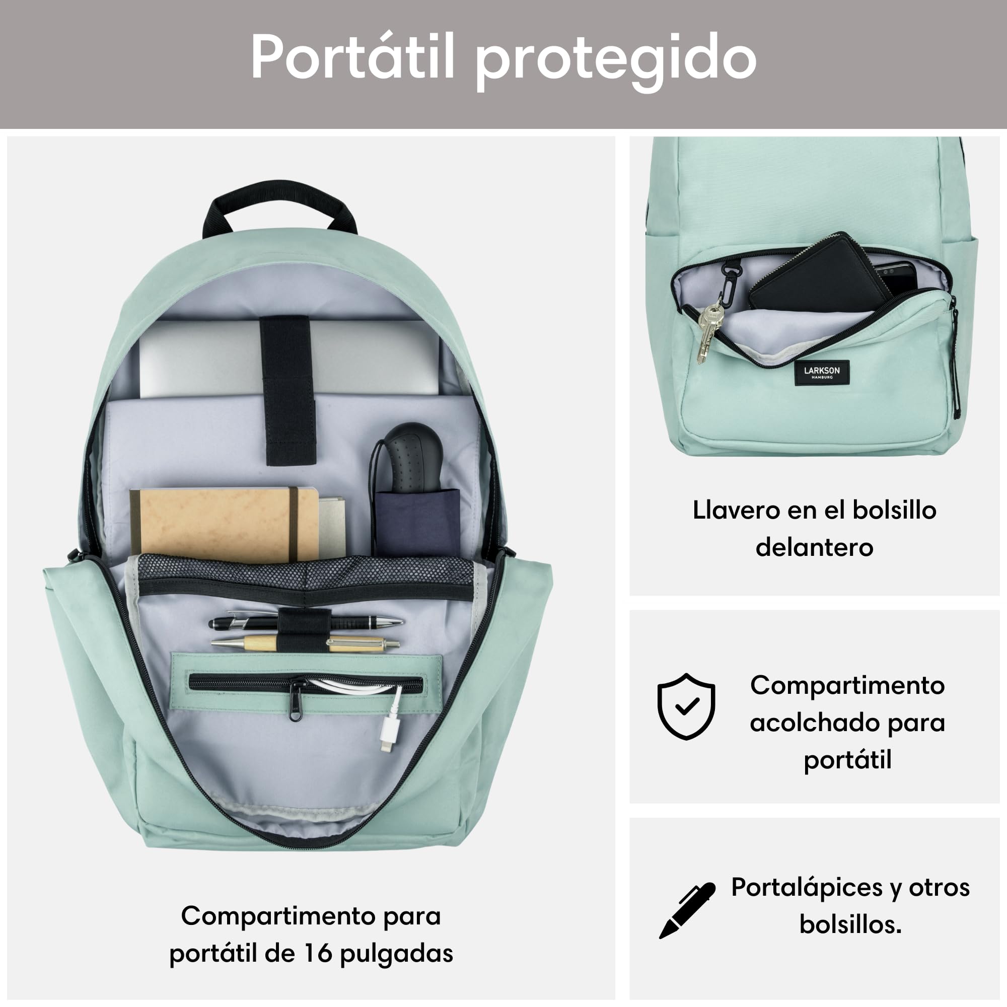 LARKSON Mochila Mujer & Hombre Menta - No 3 - Mochilas Portatil - Escolares Jóvenes Universidad Viaje - Impermeable