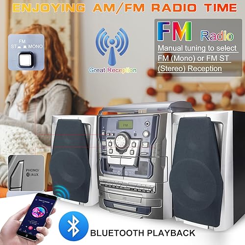 Miniatura 3 de Reproductor de discos estéreo de vinilo Bluetooth, tocadiscos estéreo de 3 velocidades, sistema de música con cubierta de cassette doble, reloj