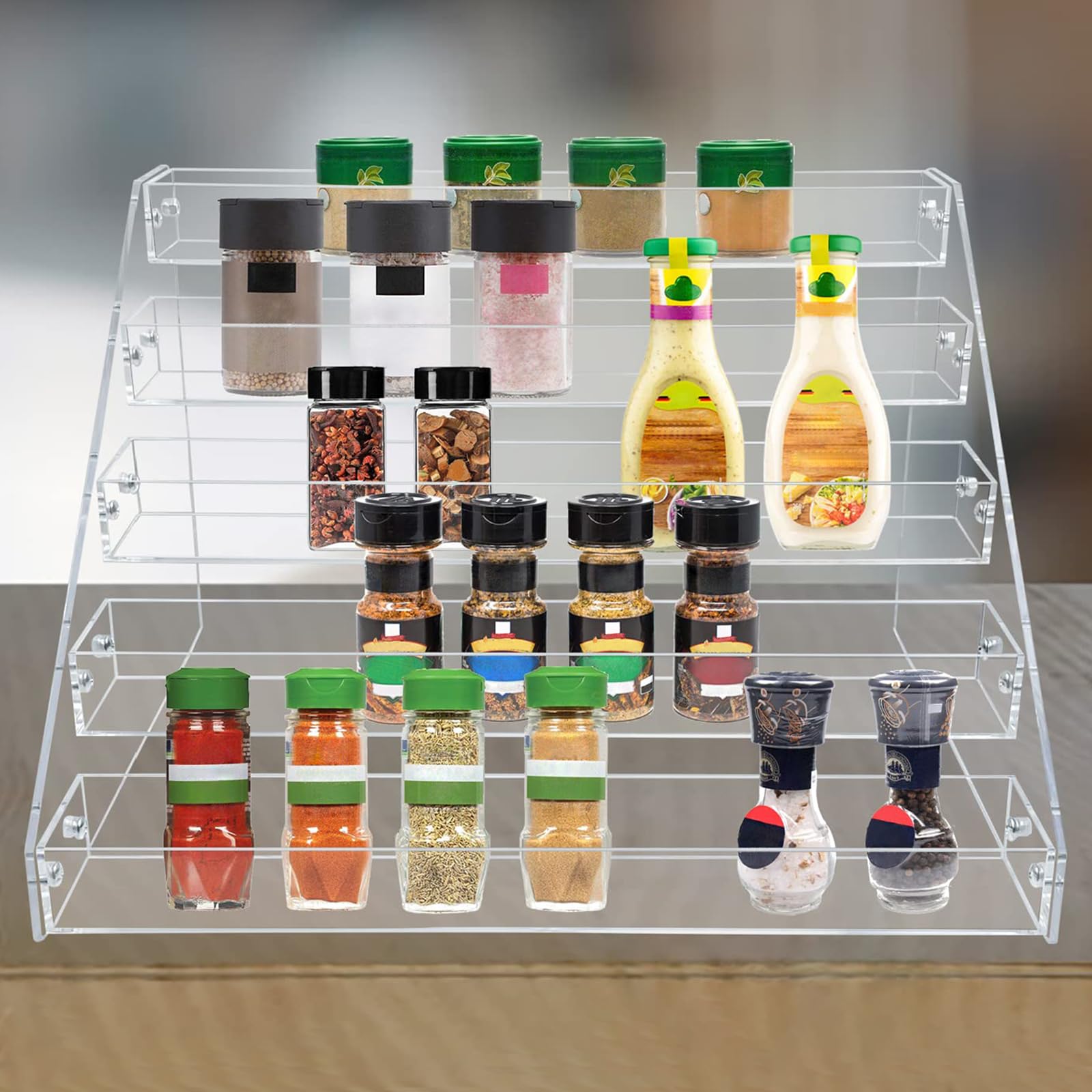 PMMASTO Estante escalonado para especias, organizador de condimentos, estantes verticales de acrílico transparente para encimera, armario, despensa, organización y almacenamiento de cocina, 5 niveles