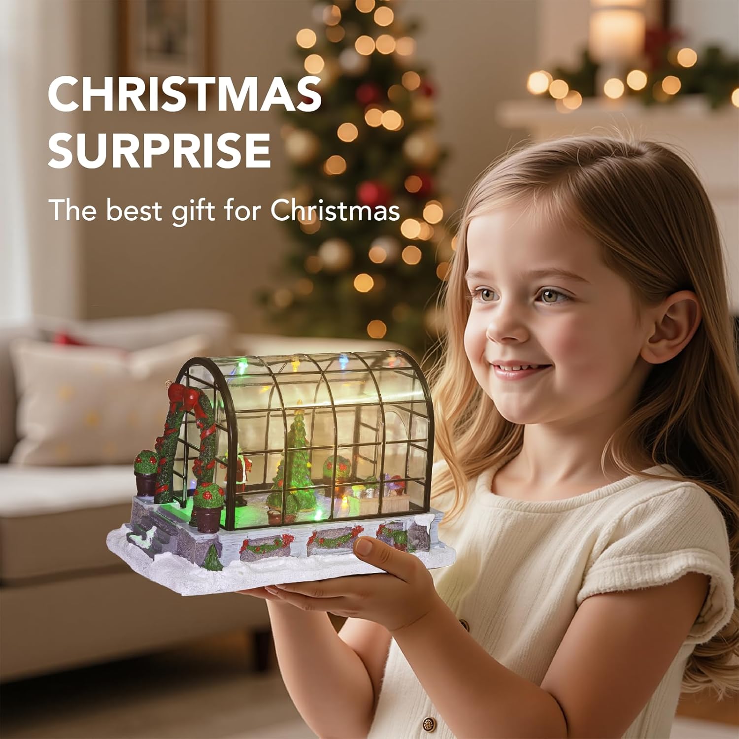 Christmas Village, Flower Shop Glass Houses with LED Lights and Music Collecting Building for Indoor Decoration