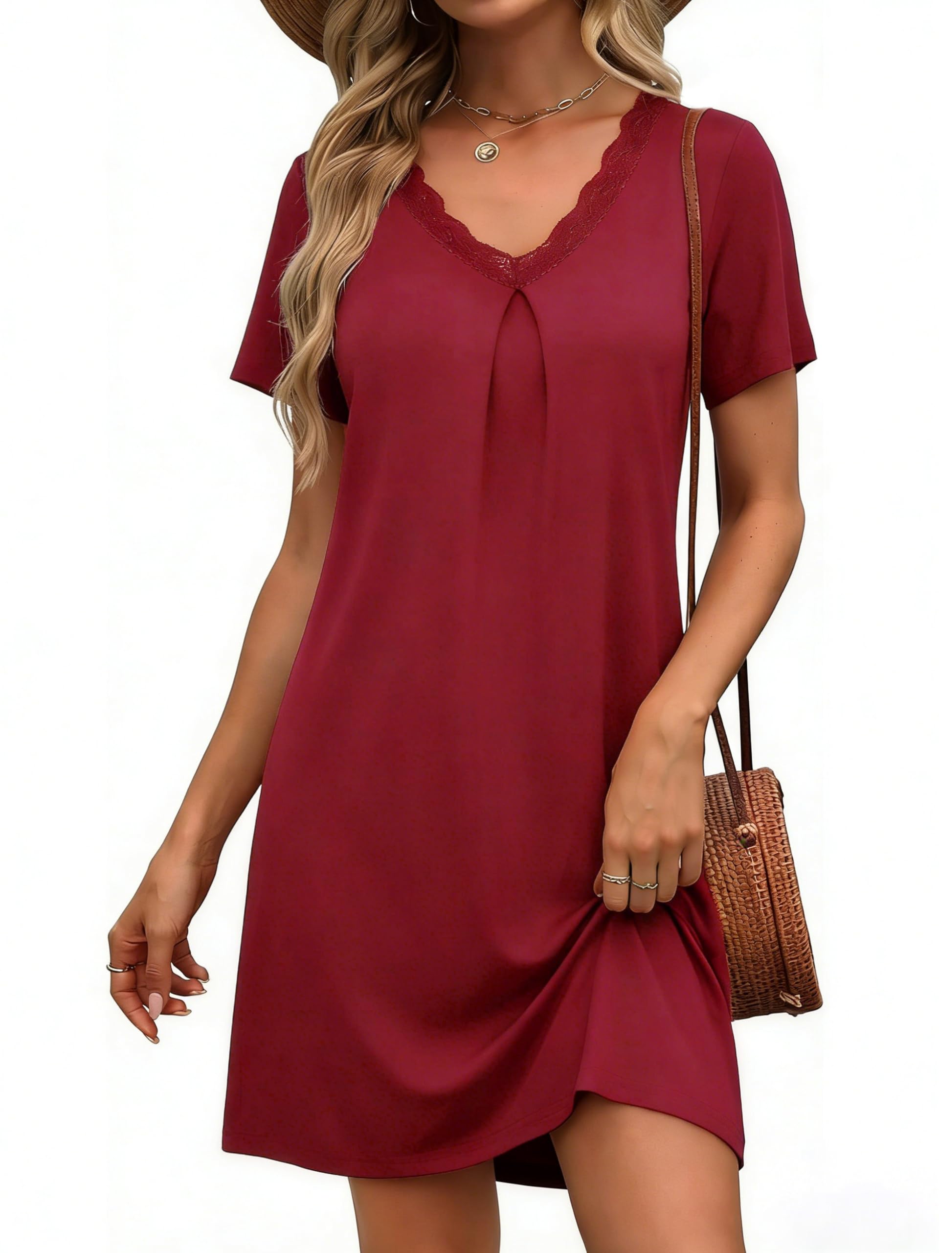 Litherday Nachthemd Damen Geburtskleid Kurzarm Schlafshirt Spitze Sleepshirt Kurz V-Ausschnitt Nachtwäsche Nachtkleid Weiche Schlafhemd