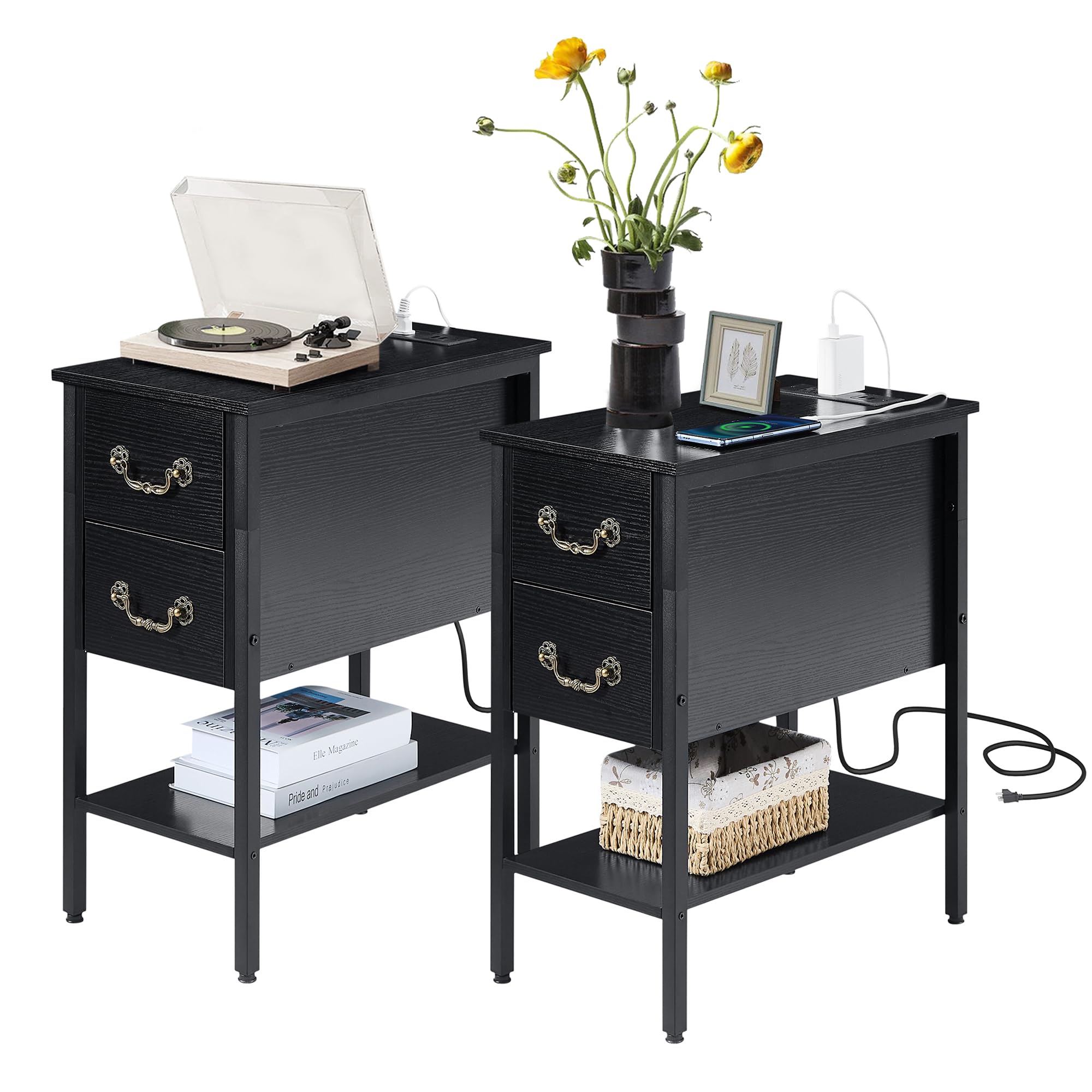 VECELO End Tables Set of 2,Narrow Nightstands with Charging Station & USB Ports & 2 Drawers,Skinny Side Table for Bedroom, Living Room,Black
