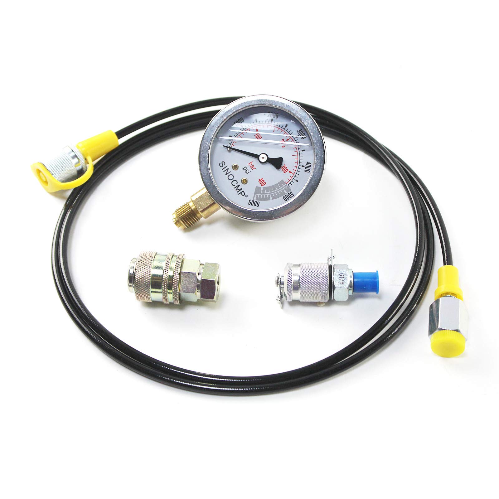 Kit di Raccordo per Prova di Pressione idraulica 40MPA/6000PSI Kit manometro con 1 manometro, 1 Tubo Flessibile di Prova e 2 raccordi per Macchine edili escavatrici, 2 Anni
