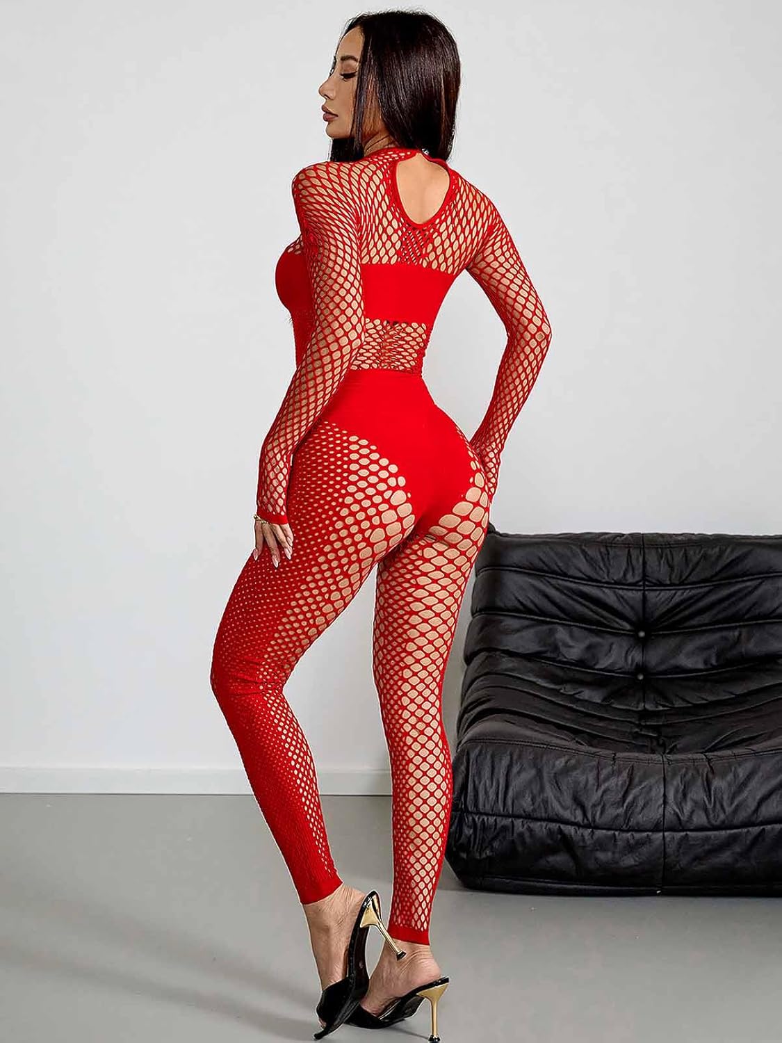Sexy Fishnet Jumpsuit for Women Long Sleeve See Through Mesh Bodysuit Clubwear One Piece Stretchy Outfit - Image 3