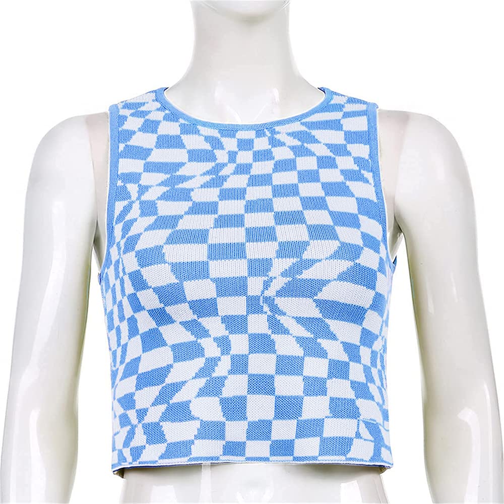 Women's Plaid Printed Sleeveless O Neck Camisole Harajuku Vintage Knitted Cropped Tank Top