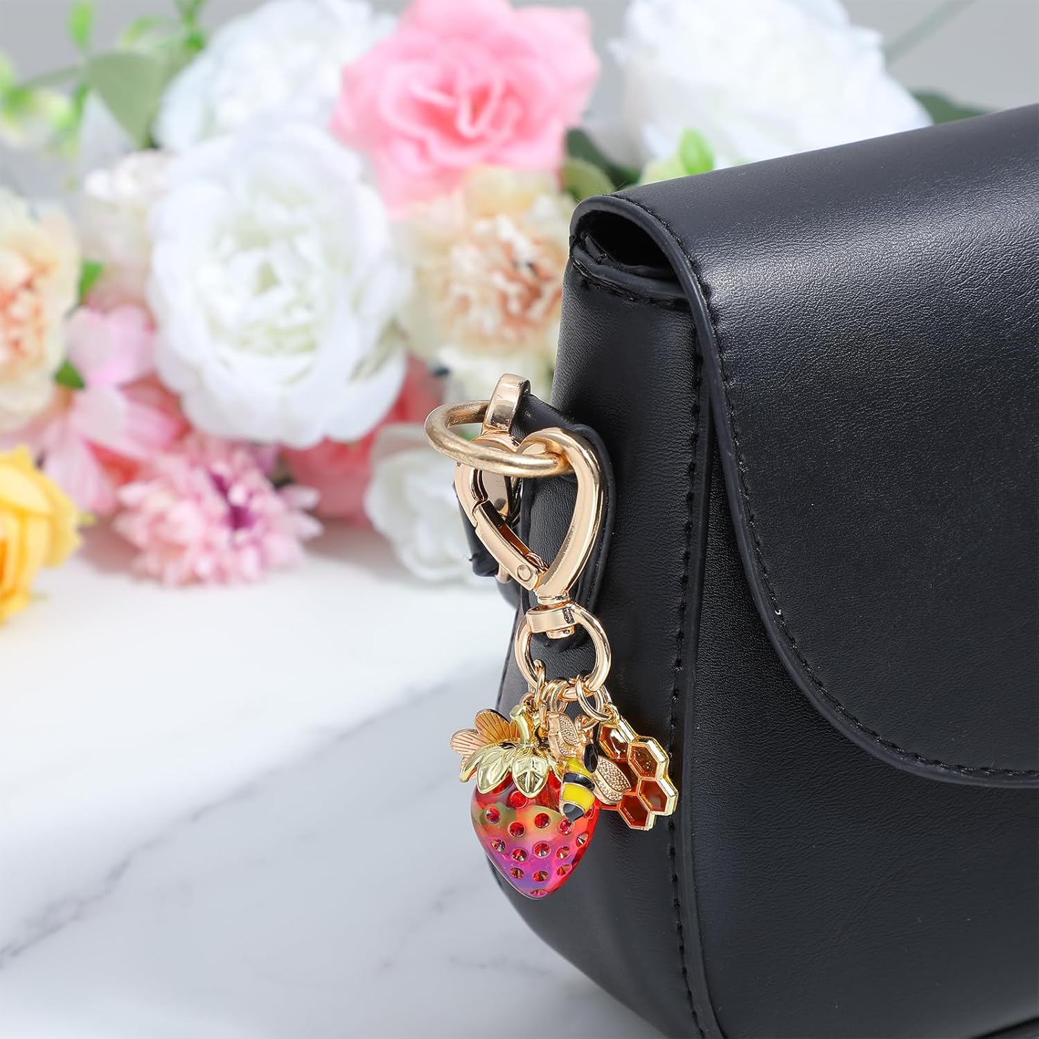 2pcs Strawberry Bag Charm,Cute Strawberry KeychainCute Bag Charms & Purse Charms for Women, with Daisy & Bee Accents - Perfect Strawberrys Keychains for Handbags, Backpacks - Image 2