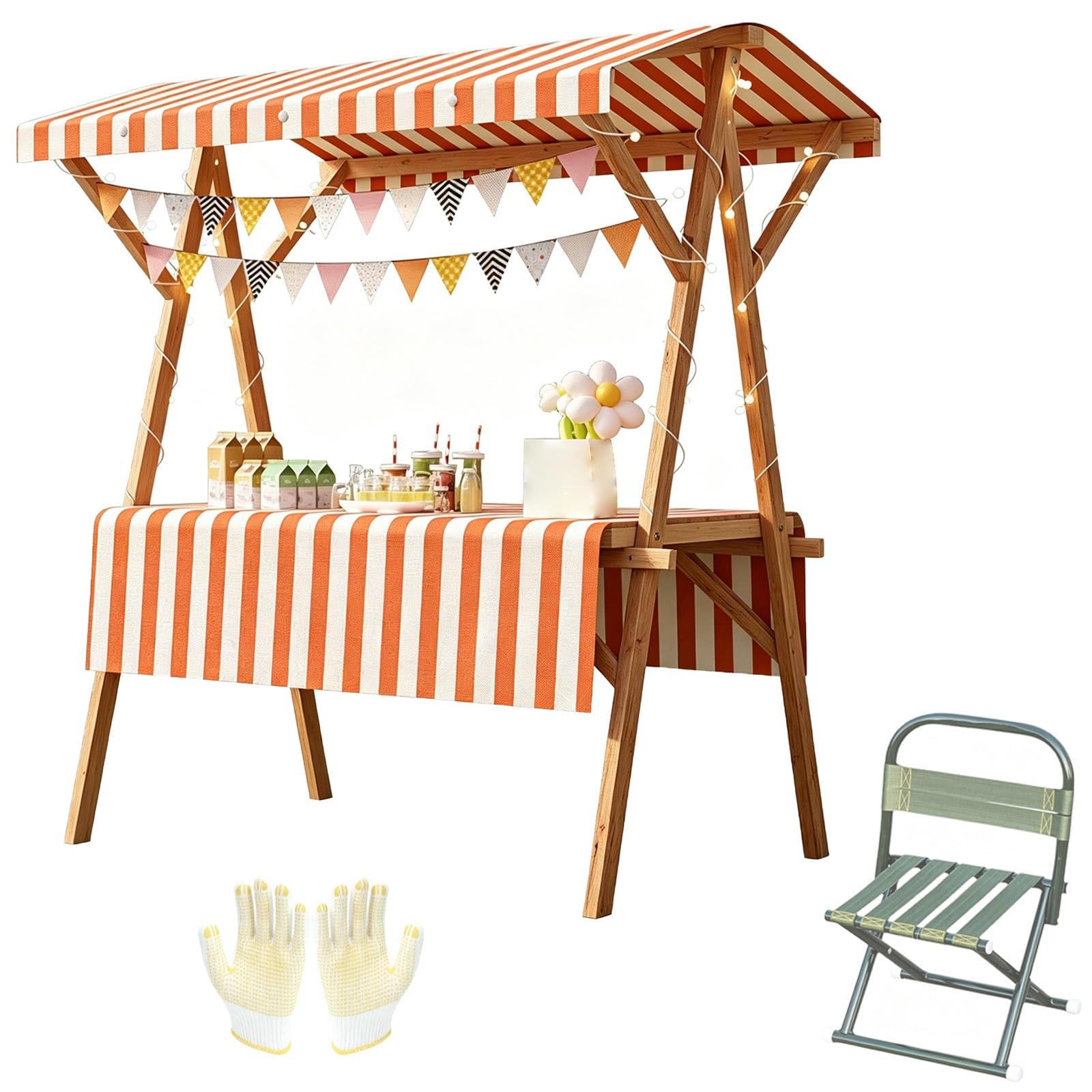 Wooden Market Stall vendor Cart with Striped Canopy, Foldable Vendor Booth with Wheels, Chair for Flea Market, 660lbs Load(Orange,144x60x190cm/56x24x75in)