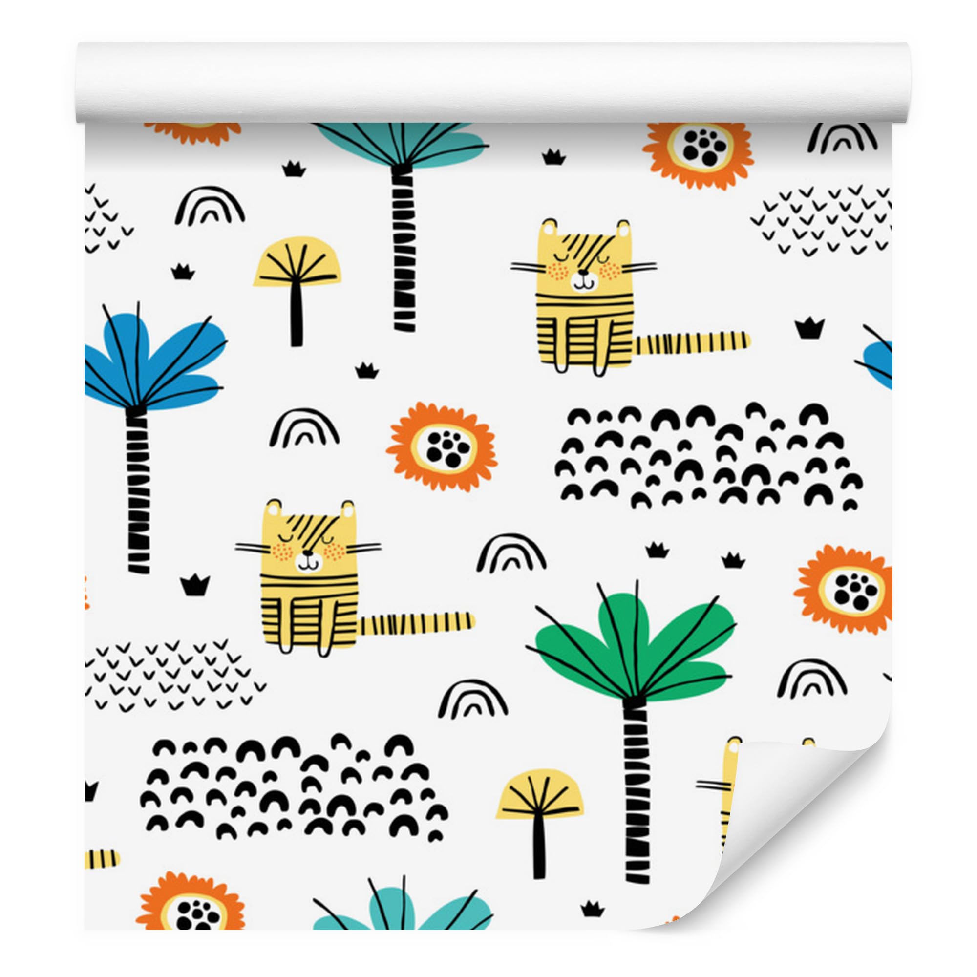 Vliestapete Tiere, Katzen und Bäume 50 x 1000 cm | Feline Tierillustration; Verspielter Zimmerschmuck; Behagliche Kinderdekoration; Kleister im Set