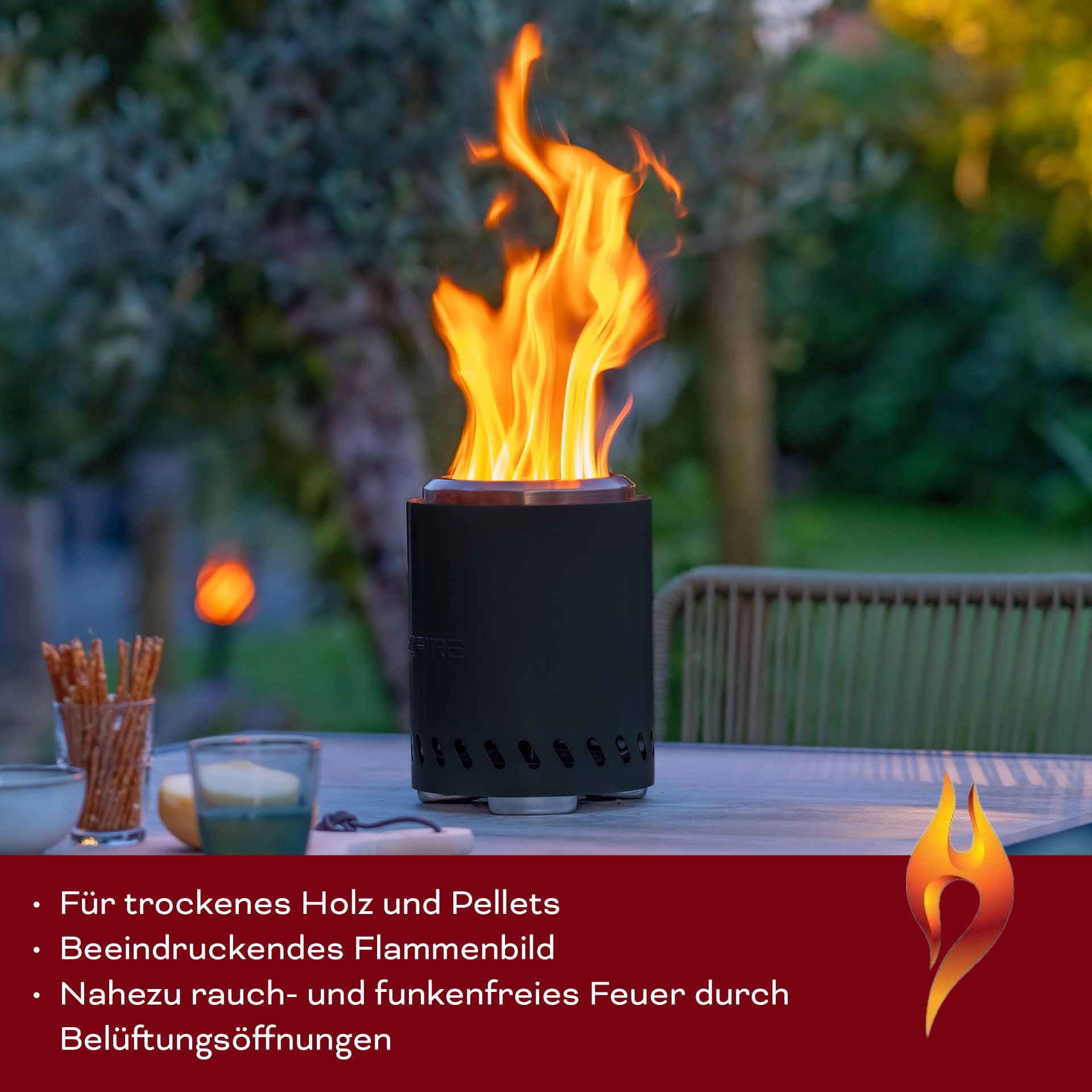 REDFIRE Pellet Tischkamin Volcano Medium, schwarz pulverbeschichtet, Tischfeuer Edelstahl für Holz und Pellets