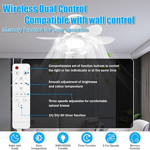 BuzzoXerex Ceiling Fan with Light and Remote Control, 40 W, Dimmable LED Ceiling Fan with E27 Socket, Chandelier, Ceiling Fan for Bedroom, Living Room, 6 Blades, 3 Speeds - 6