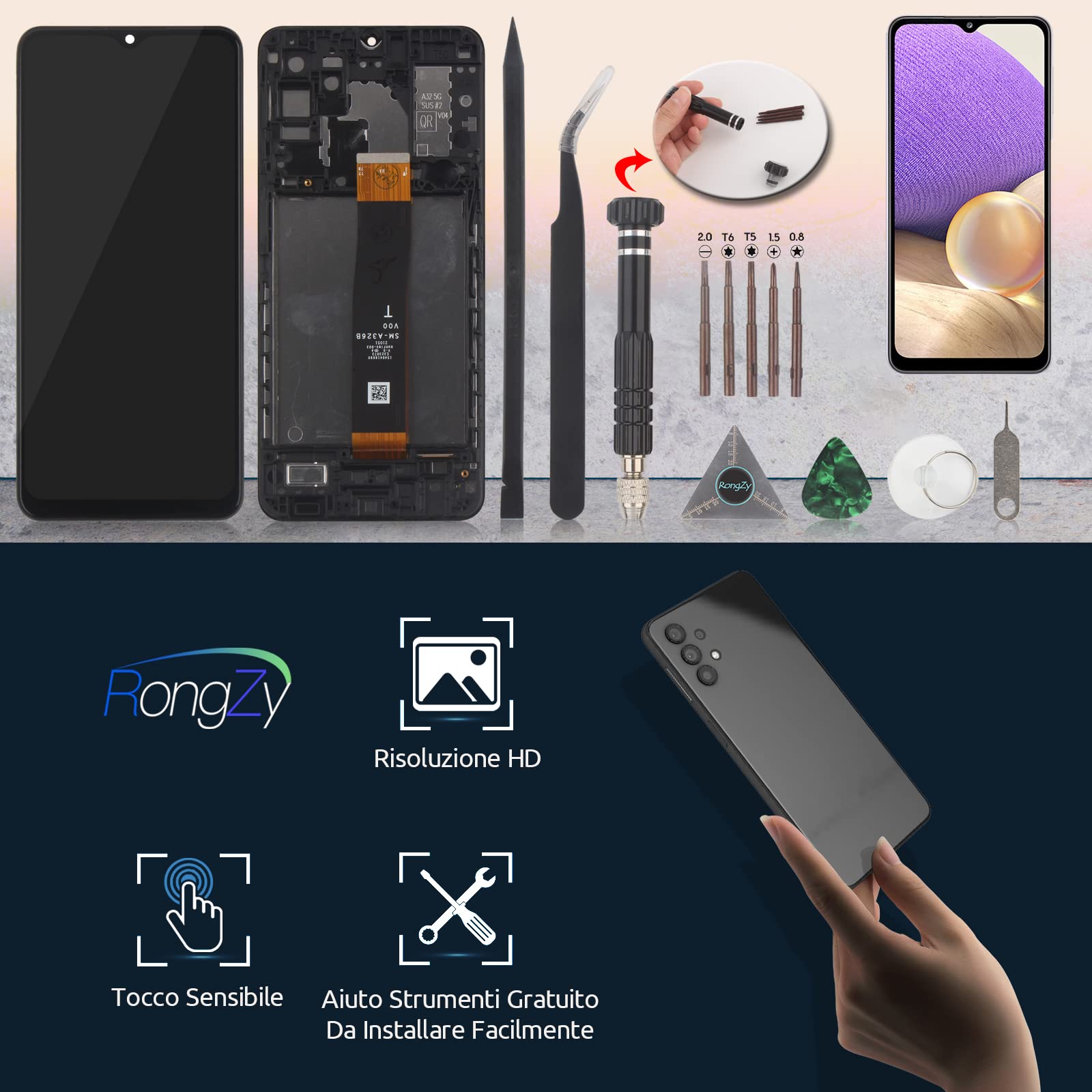 RongZy LCD Schermo per Samsung Galaxy A32 5G A326 SM-A326B Display Digitizer Assembly Vetro di Ricambio Touch Screen con Strumenti (Nero con Cornice)