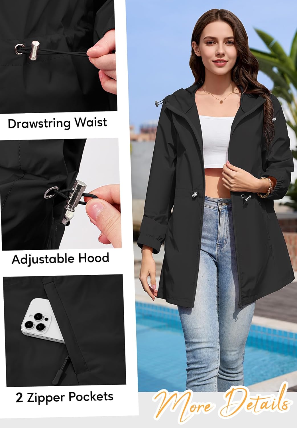 Zando Packable Rain Jacket Women Waterproof - Raincoat for Women Lightweight Hooded Outdoor Windbreaker for Travel Hiking