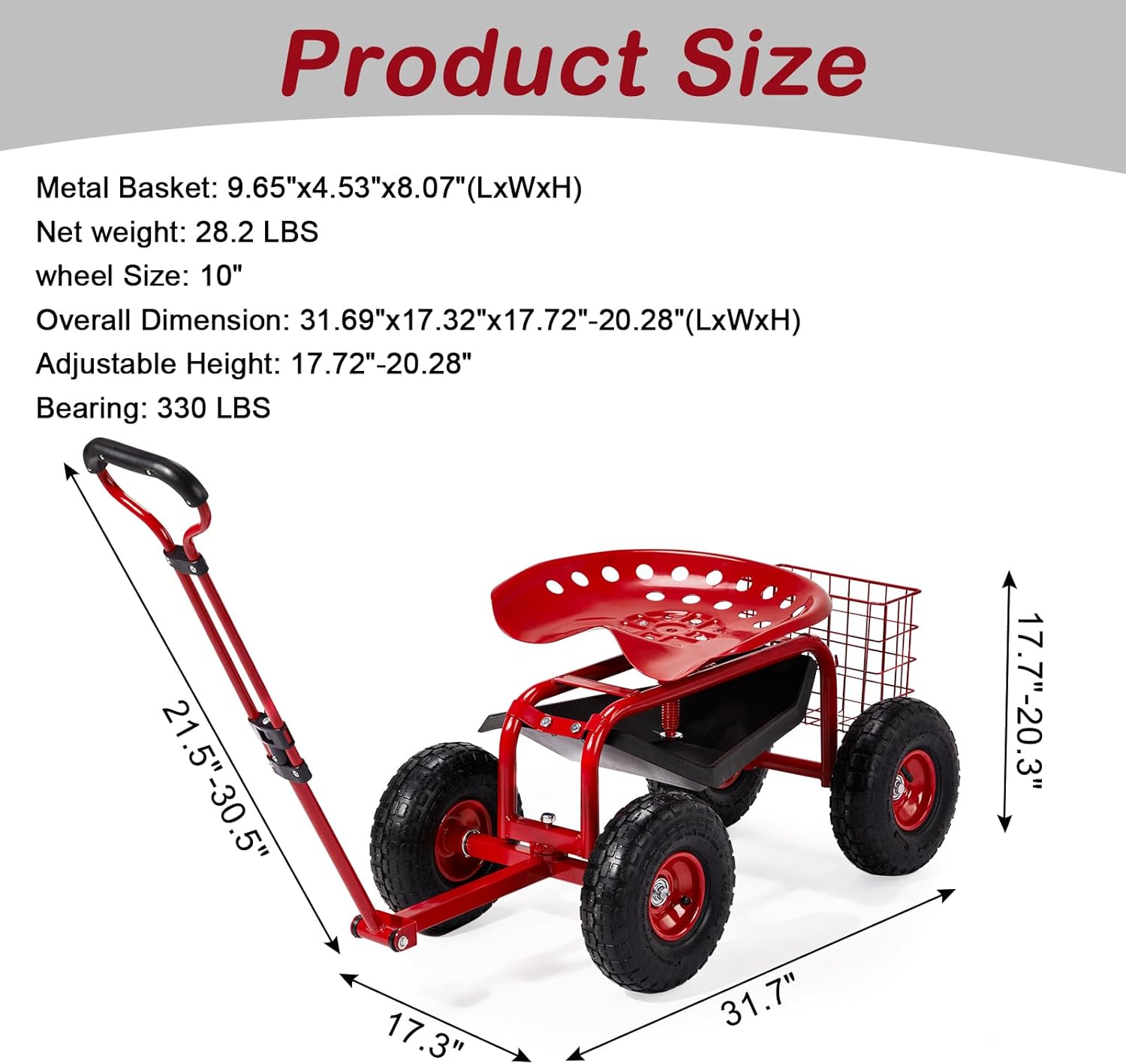 VINGLI Rolling Garden Seat with Wheels, Heavy-Duty Steel Cart for Yard Work and Planting, Best Gardening Tools with 360-Degree Swivel, Red