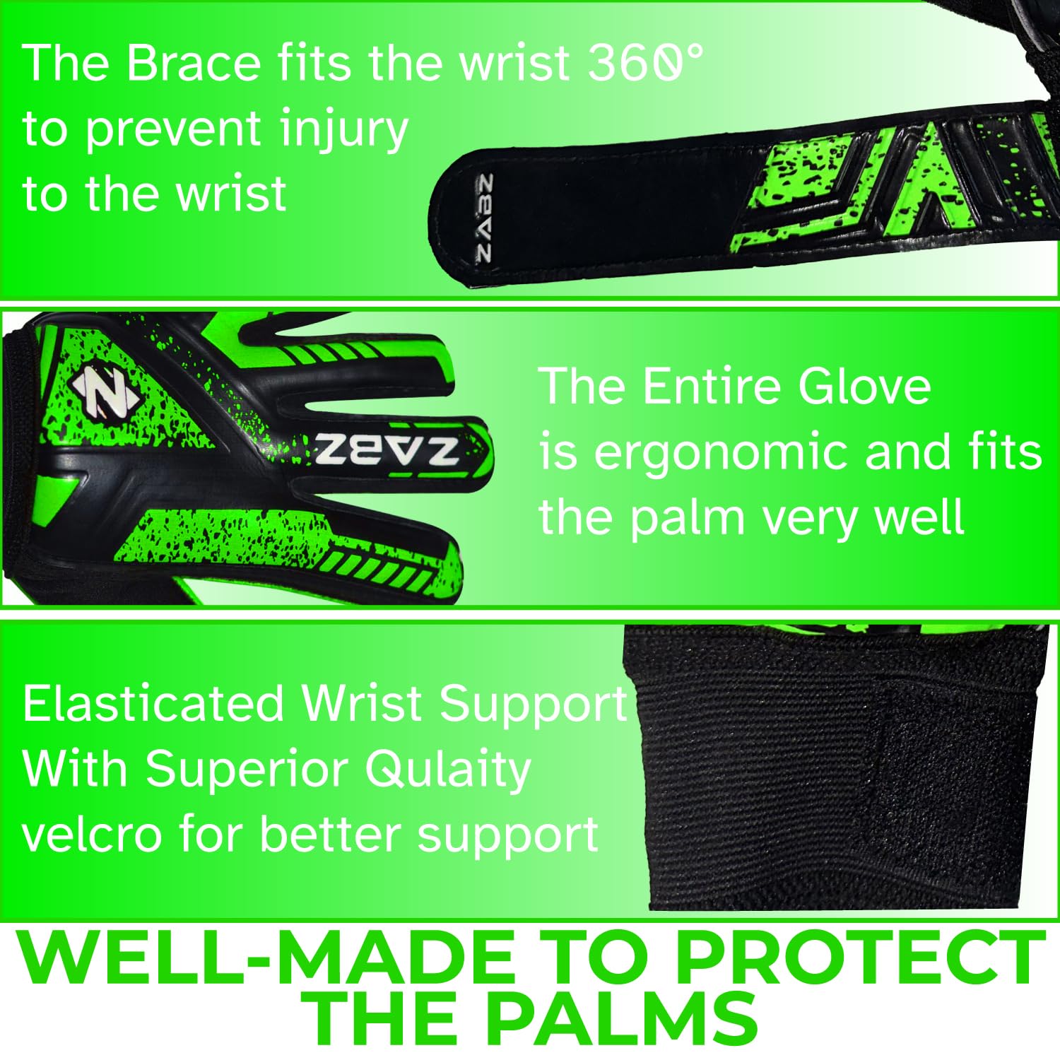ZABZ Goalkeeper Gloves Non-slip Latex Material Soccer Goalie Football Goalkeeping Gloves Wrist Protection For Kids Youth and Adult (Green, Size 6 - Suitable for 13-15 Years) - Image 3