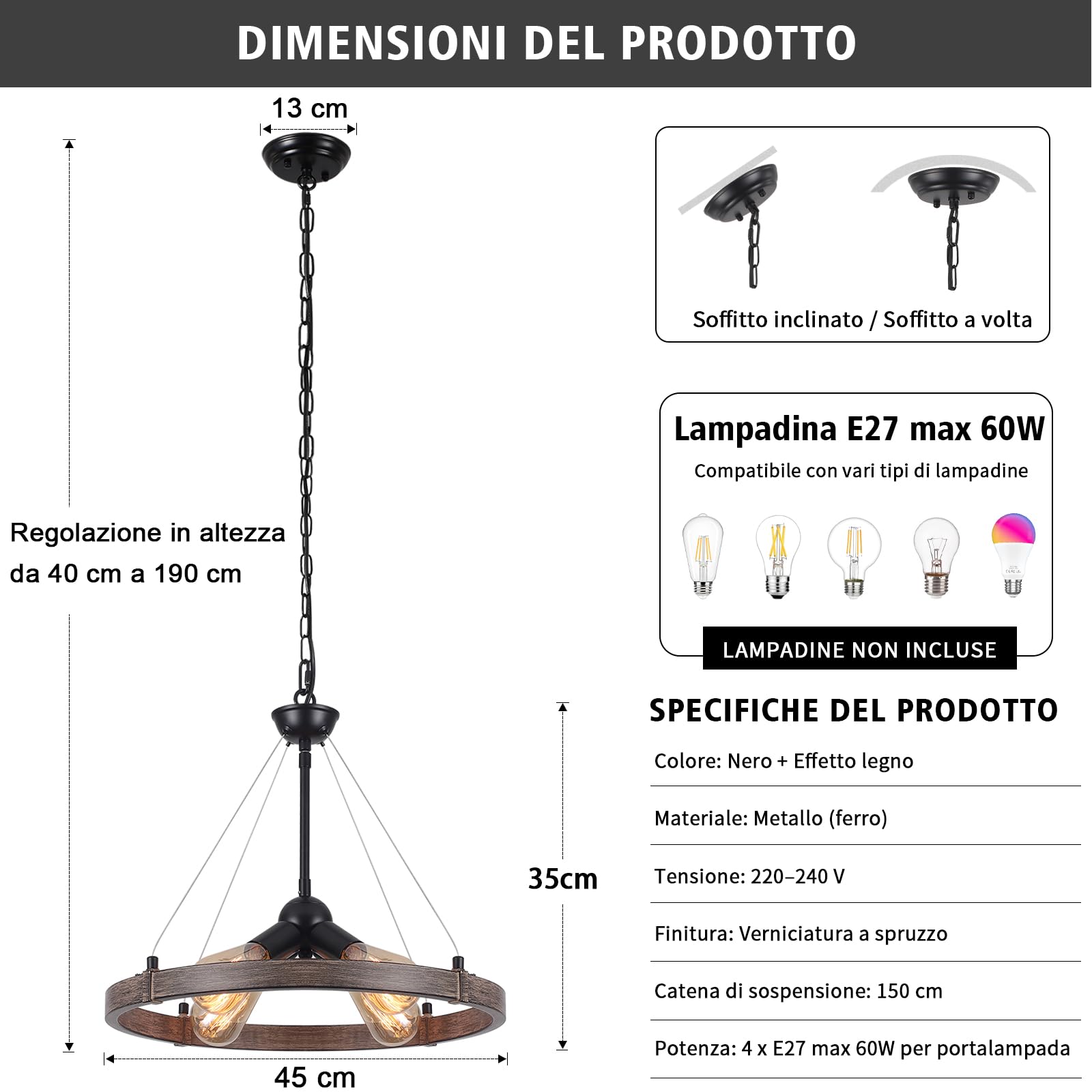 Industrial Lampadario A Forma Di Ruota Di Carro, 4 Luci Lampada A Sospensione Nera Lampadario Rustico Industriale Per Soggiorno Cucina Corridoio Camera Da Letto, Regolazione Dell'Altezza