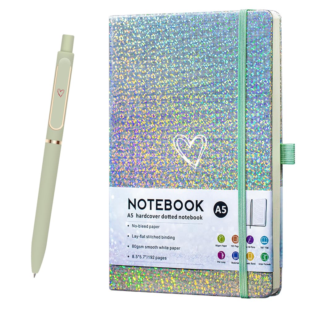 ZTUOK Glitter Laser A5 Notebook with Pen, Lined Journal A5 Notepad for Girls Women,Cute Bling Diary with Heart-Shaped College Ruled Hardcover Notebook for Work School, Note Taking, Business (Green)