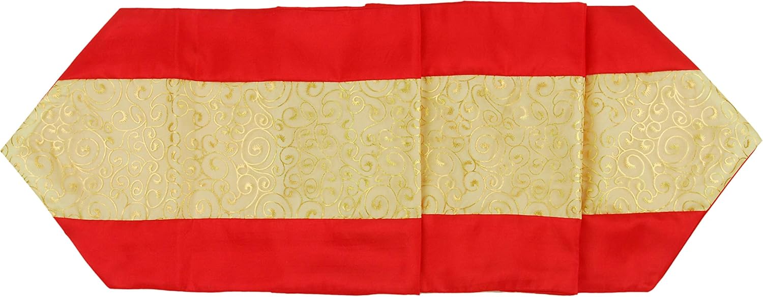 Table/Bed Runner, Silk Blend, Red & Ivory, Gold Brocade Overlay, 13" x 78"
