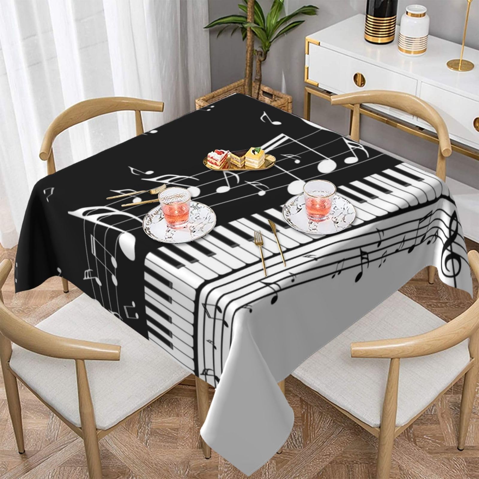 DCEHGEW Black White Music Note Prints Square Tablecloth 152x152 CM, Waterproof Fabric Table Cloth for Dining Table, Farmhouse Table Cover for Kitchen Dining Tabletop Decoration