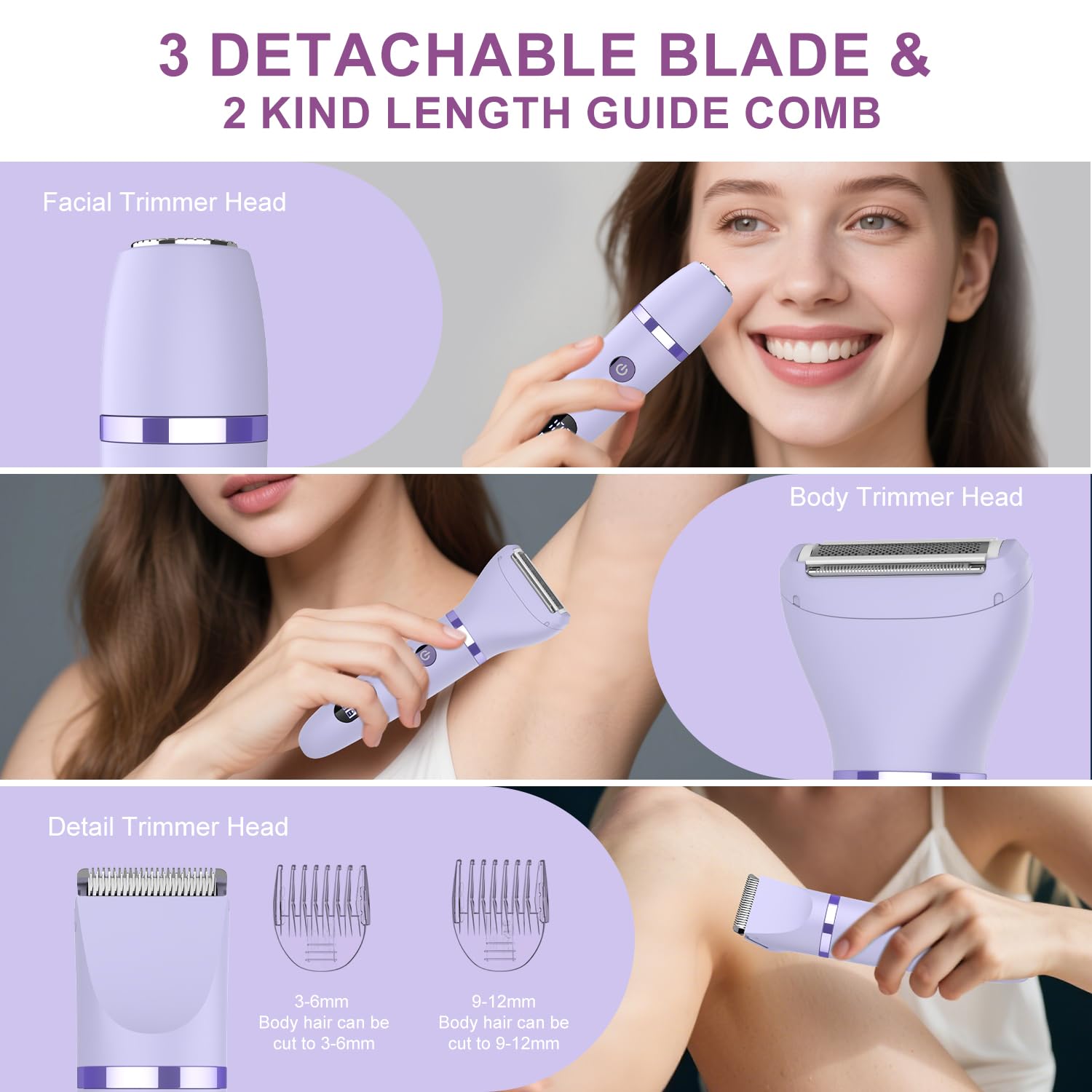 Rasoir électrique 3 en 1 IPX7 étanche pour bikini, utilisation humide et sèche, tondeuse personnelle indolore pour le visage, le corps, les jambes, le bikini, les cheveux publics, rasoir